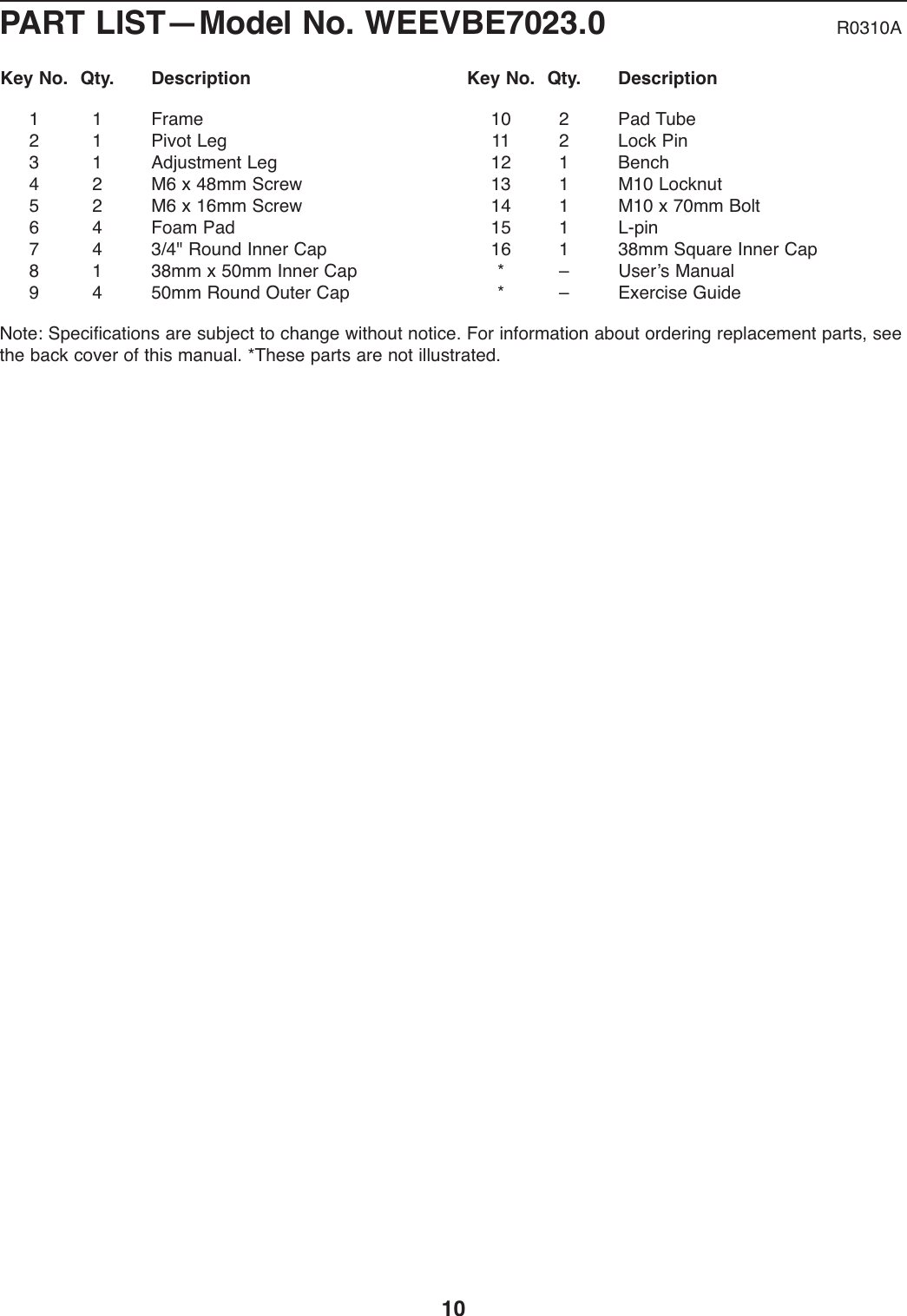 Page 10 of 12 - Weider Weider-Pro-120-Bench-Weevbe7023-Users-Manual- *WEEVBE70230-197220(UK)  Weider-pro-120-bench-weevbe7023-users-manual