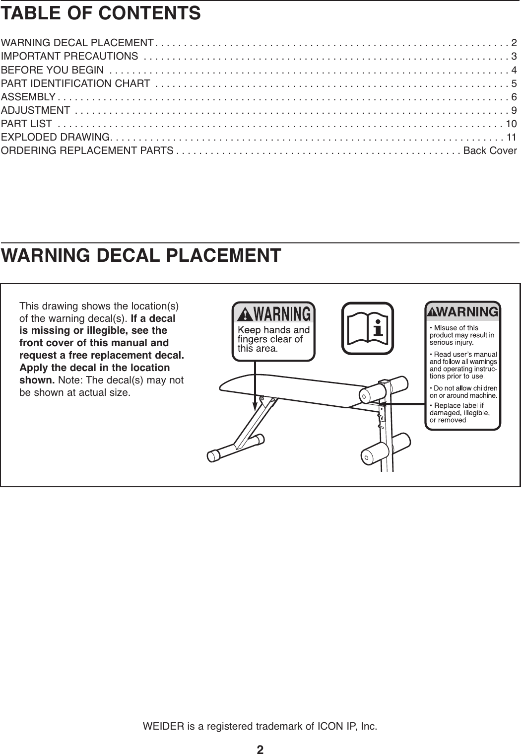 Page 2 of 12 - Weider Weider-Pro-120-Bench-Weevbe7023-Users-Manual- *WEEVBE70230-197220(UK)  Weider-pro-120-bench-weevbe7023-users-manual