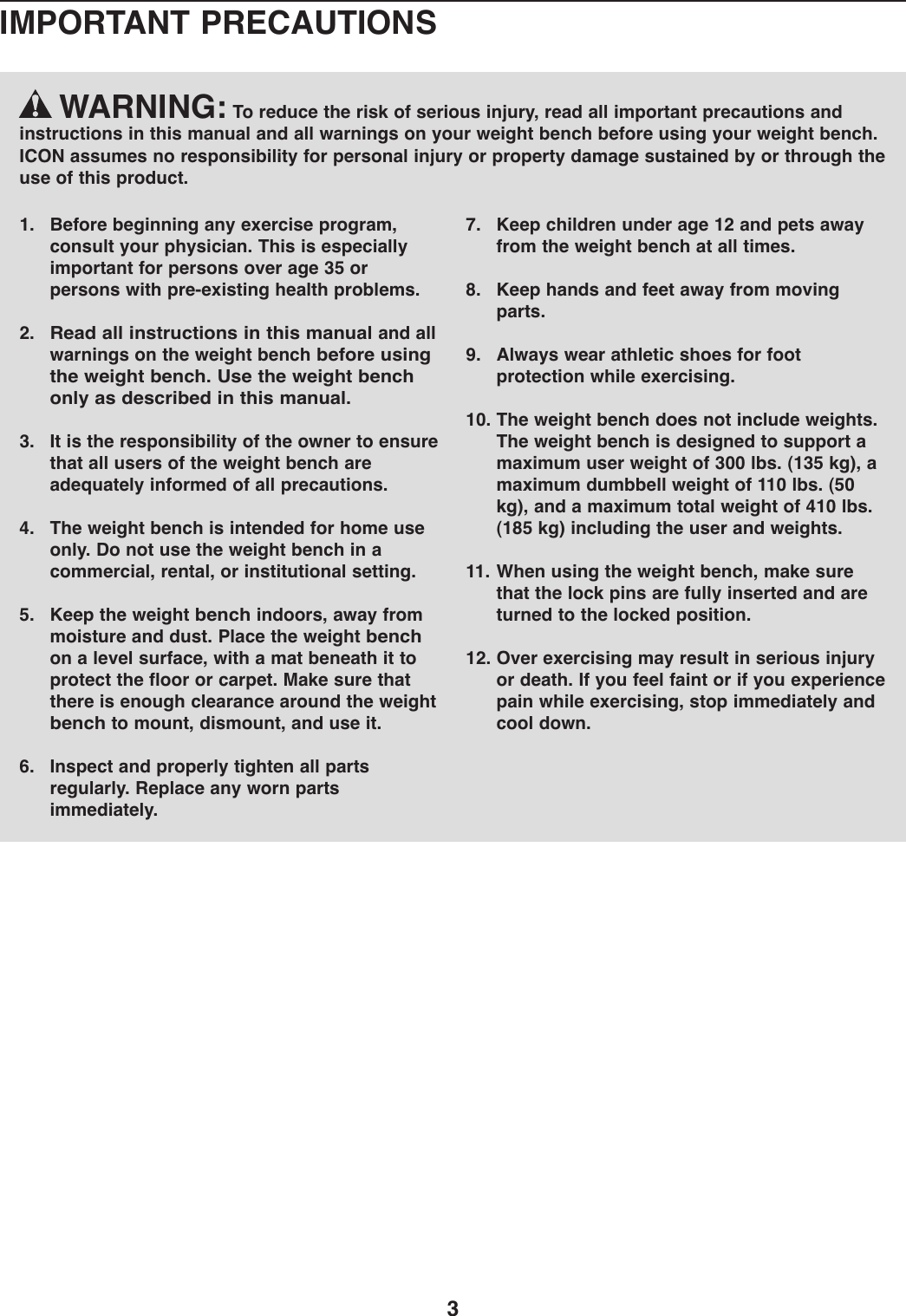 Page 3 of 12 - Weider Weider-Pro-120-Bench-Weevbe7023-Users-Manual- *WEEVBE70230-197220(UK)  Weider-pro-120-bench-weevbe7023-users-manual