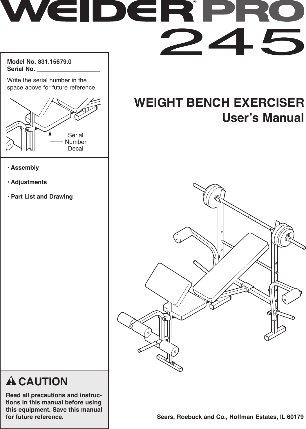 Weider Pro 245 Bench 15679 Users Manual 15679.0 230561