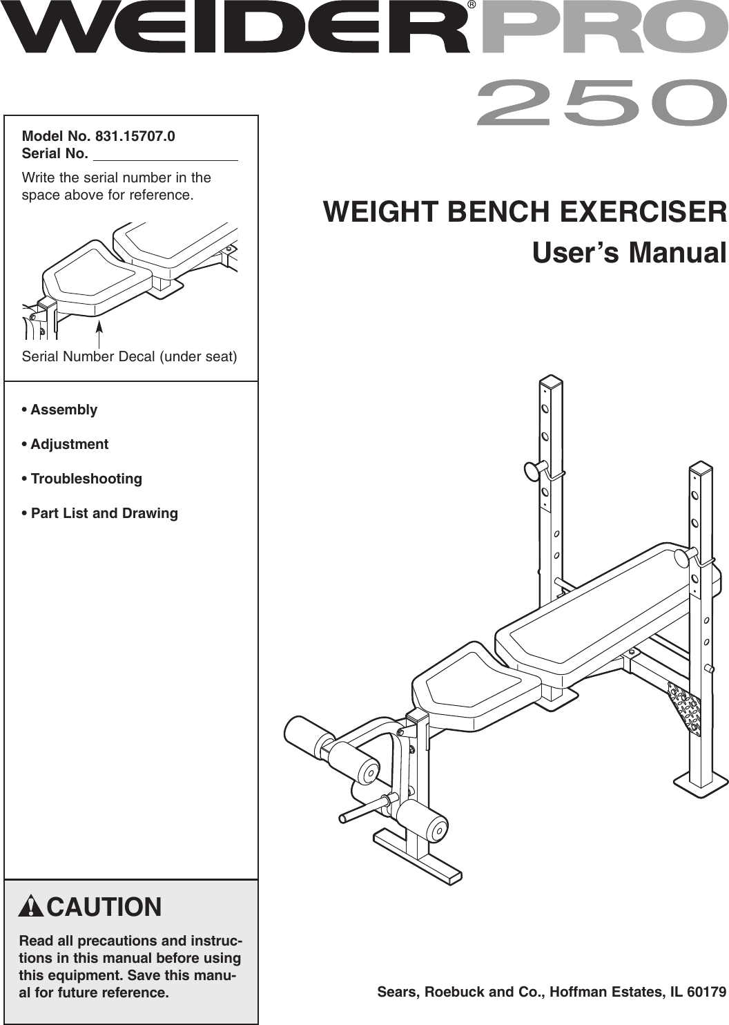 Weider Pro 250 Bench 15707 Users Manual