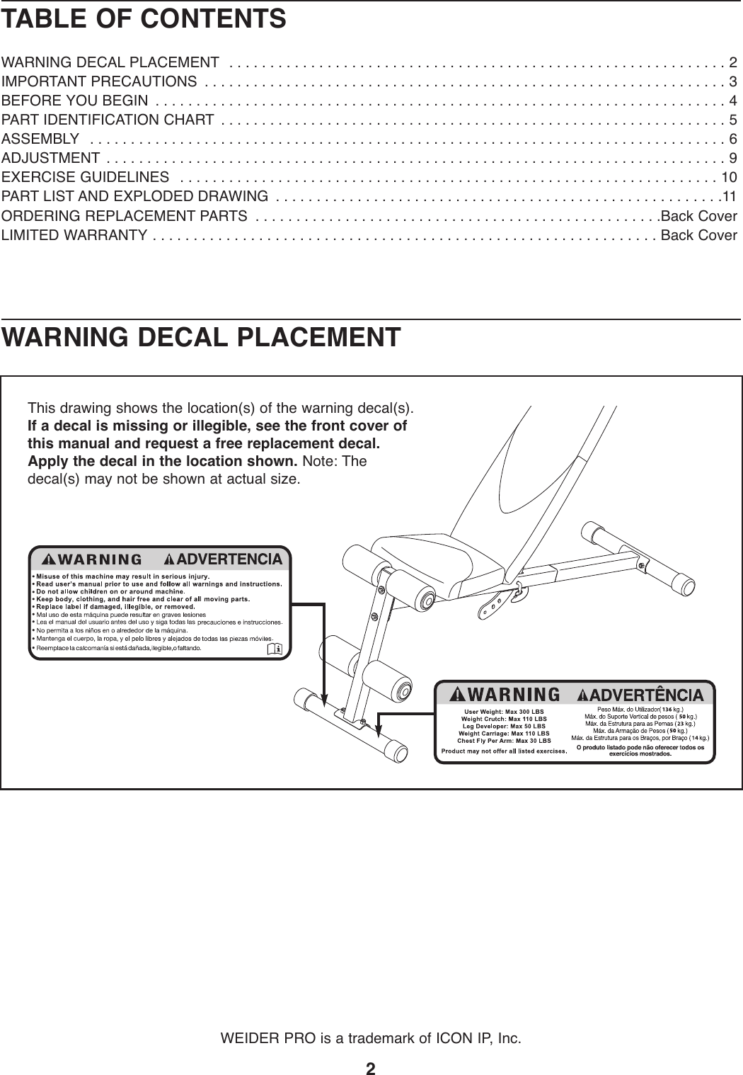 Page 2 of 12 - Weider Weider-Pro-255-L-Bench-Webe49310-Users-Manual- 285430  Weider-pro-255-l-bench-webe49310-users-manual