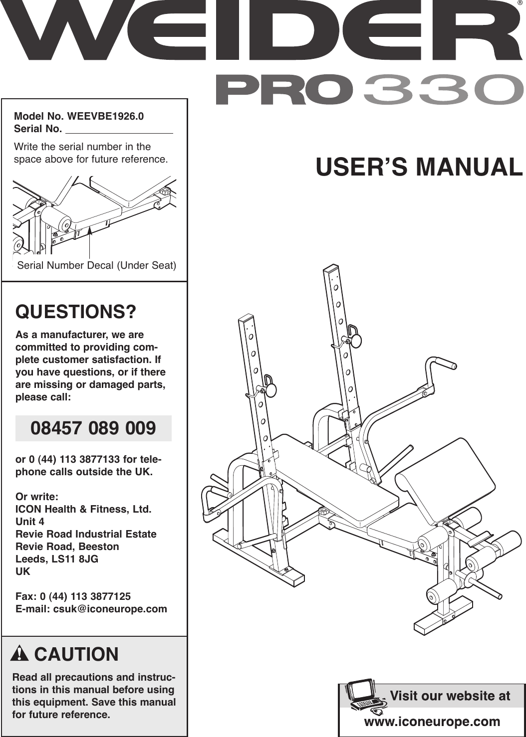 Weider Pro 330 Bench Weevbe1926 Users Manual GGBE12850 227887