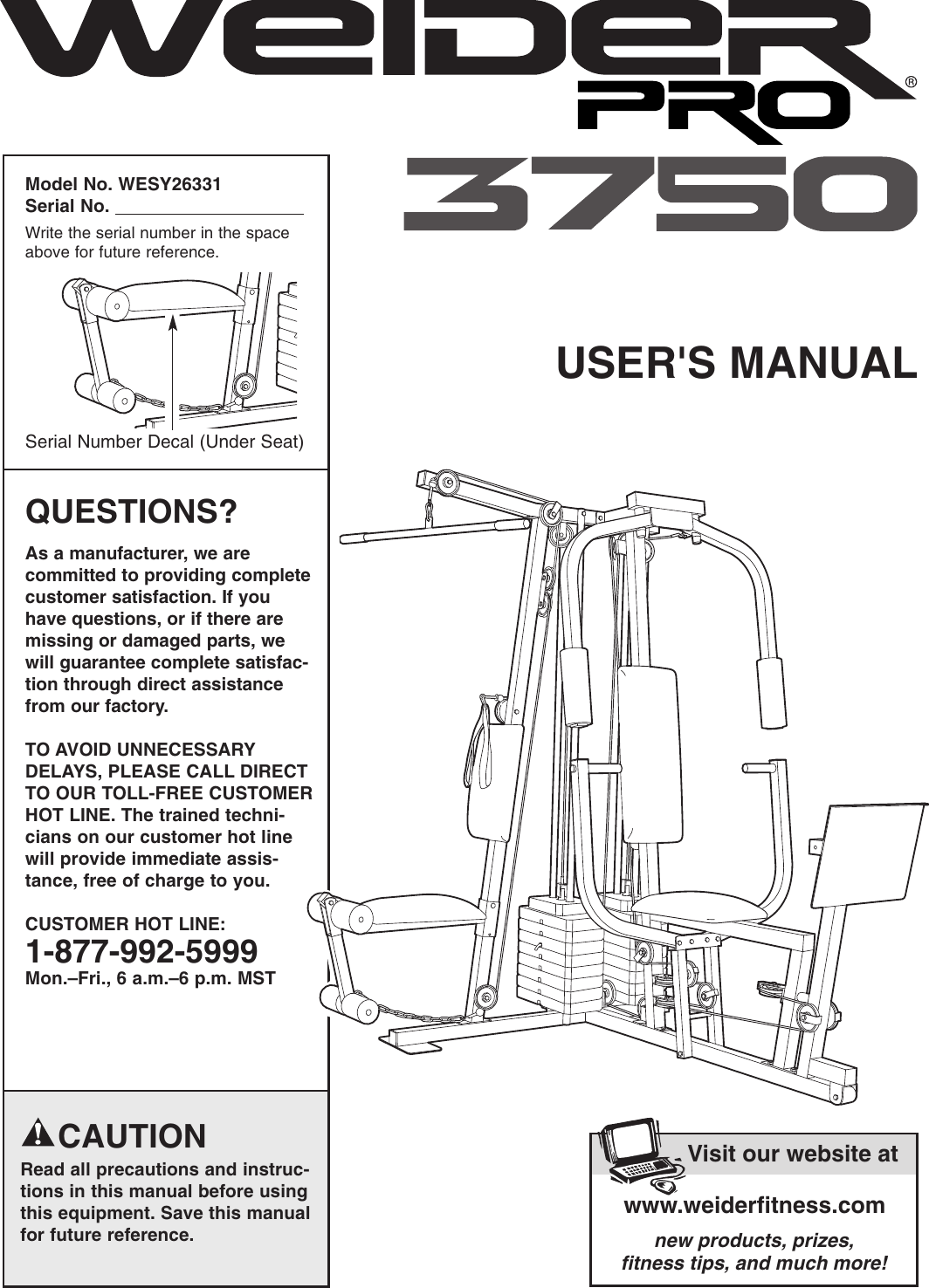 Weider Pro 3750 System Wesy2633 Users Manual WESY26331 218698