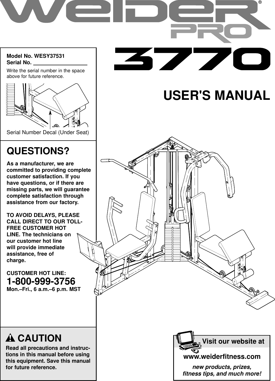 Weider Pro 3770 System Wesy3753 Users Manual