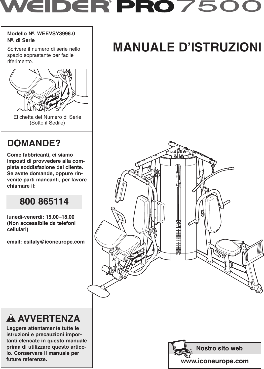 Weider Pro 7500 System Weevsy3996 Users Manual