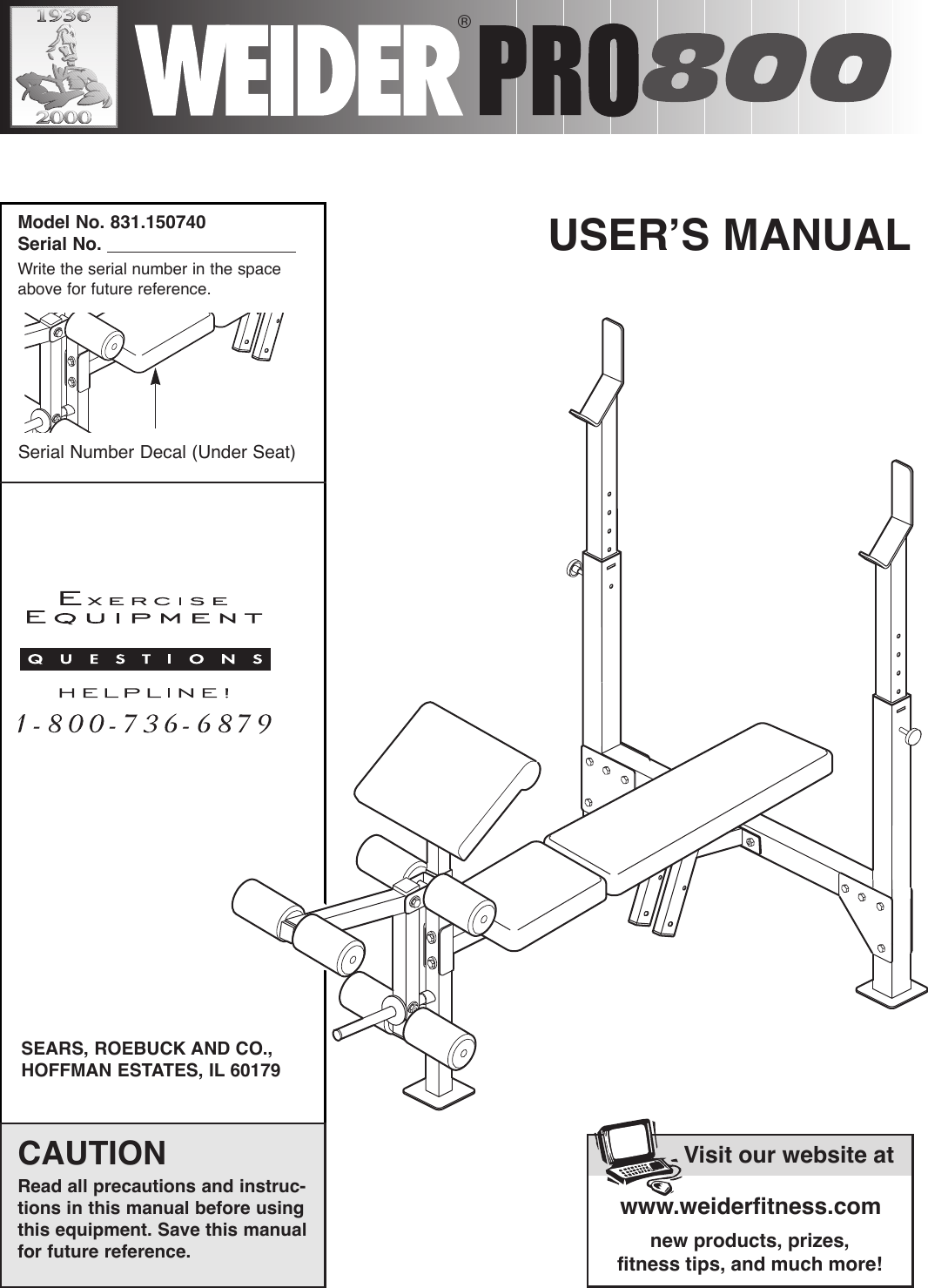 Weider Pro 800 Bench 15074 Users Manual *150740 163192