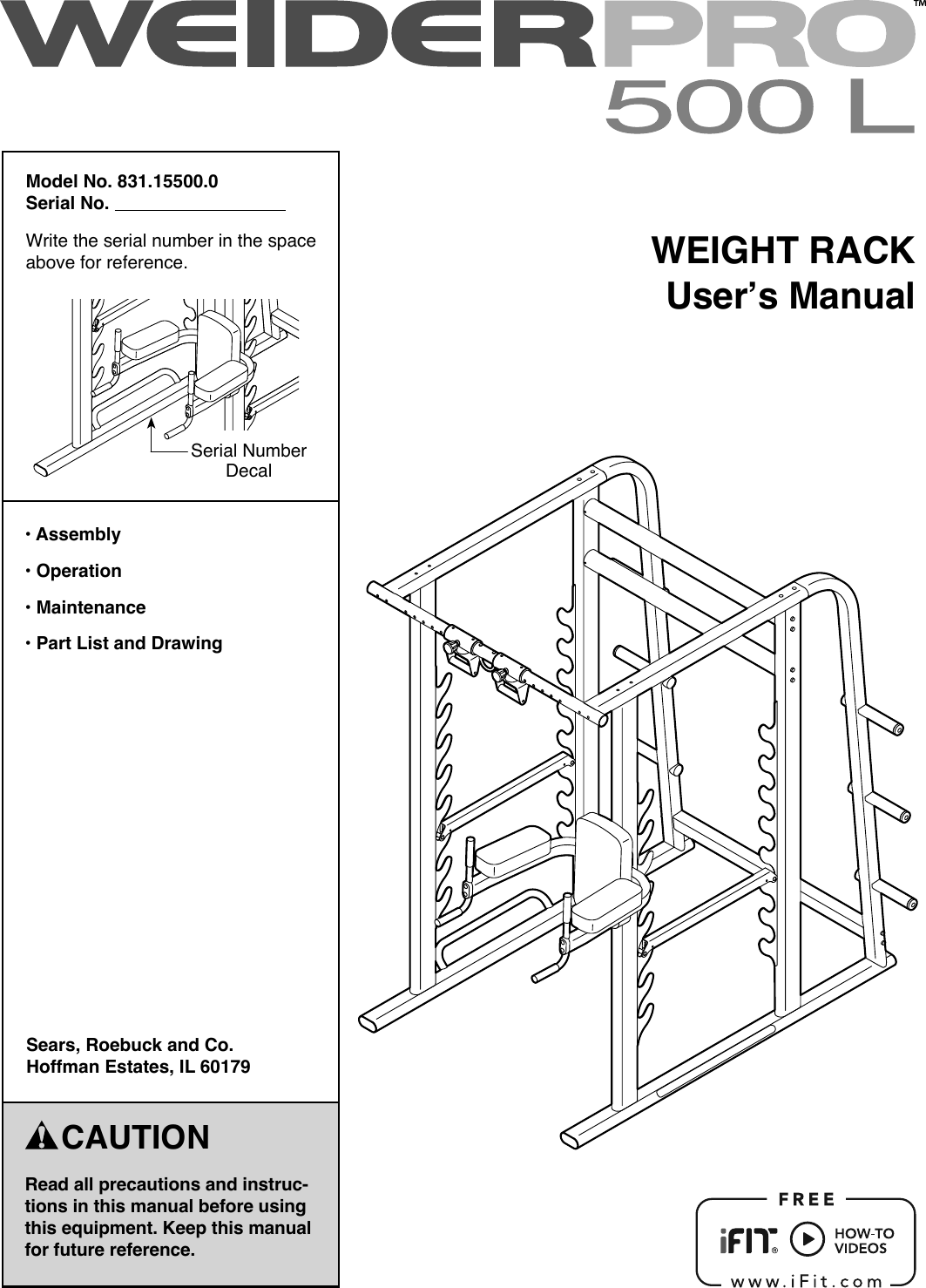 Weider Pro Power Cage 500 Bench 15500 Users Manual