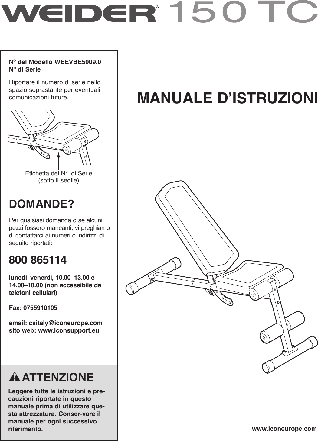 Weider Tc 150 Bench Weevbe5909 Users Manual