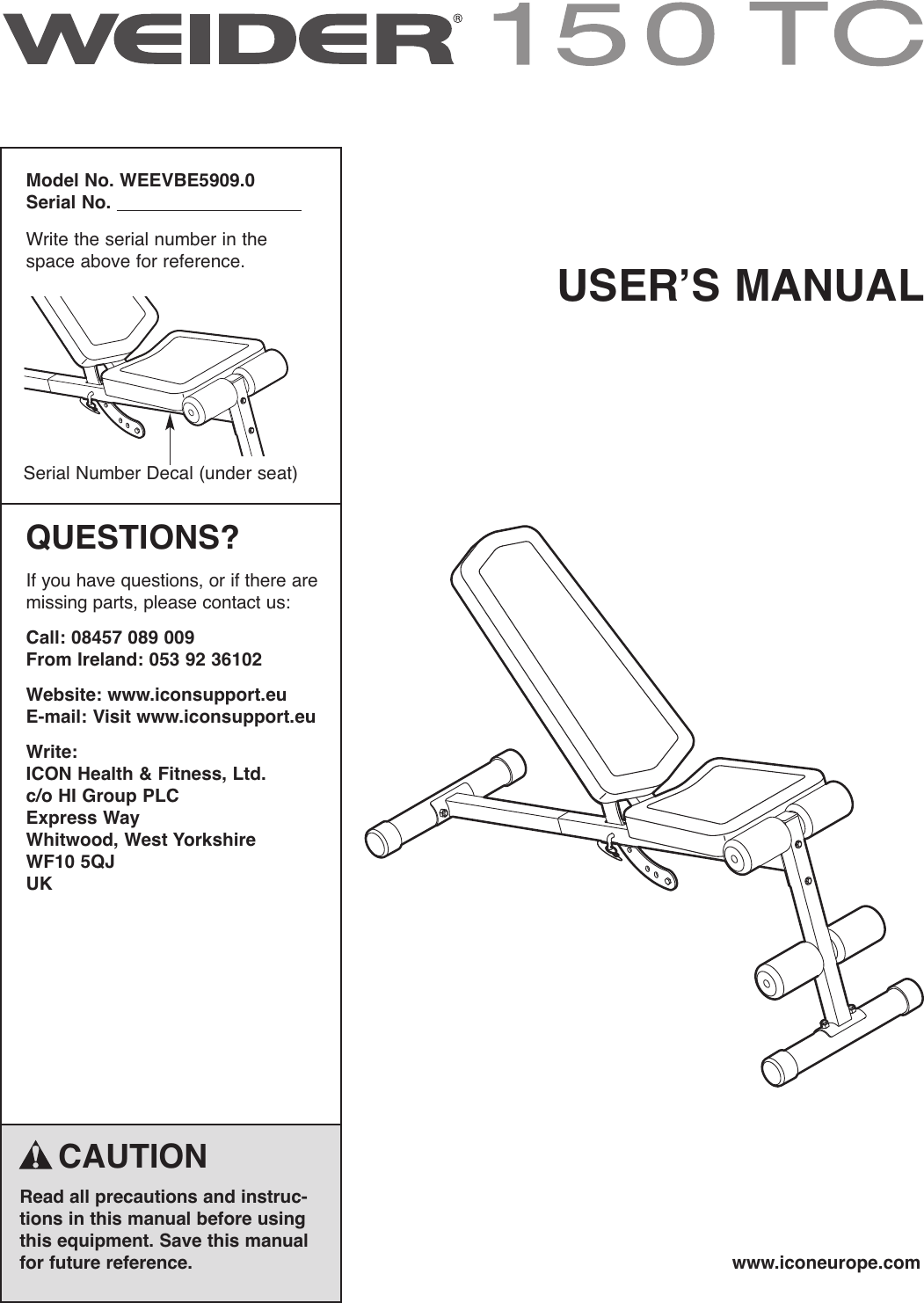 Weider Tc 150 Bench Weevbe5909 Users Manual