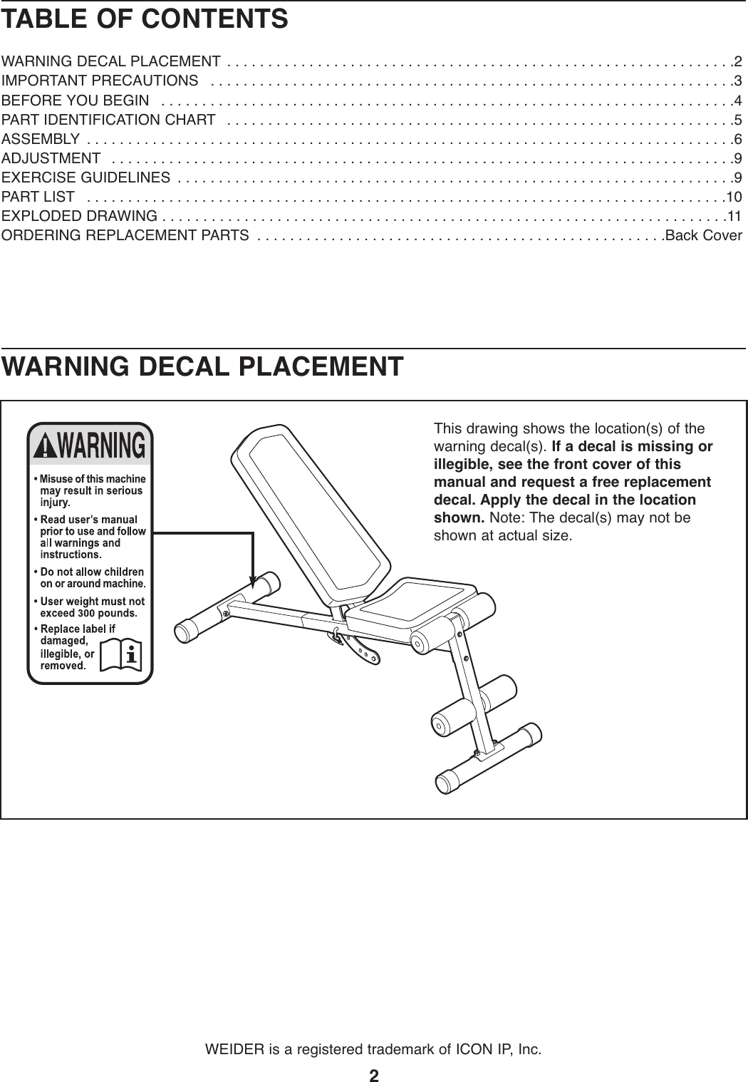 Page 2 of 12 - Weider Weider-Tc-150-Bench-Weevbe5909-Users-Manual-  Weider-tc-150-bench-weevbe5909-users-manual