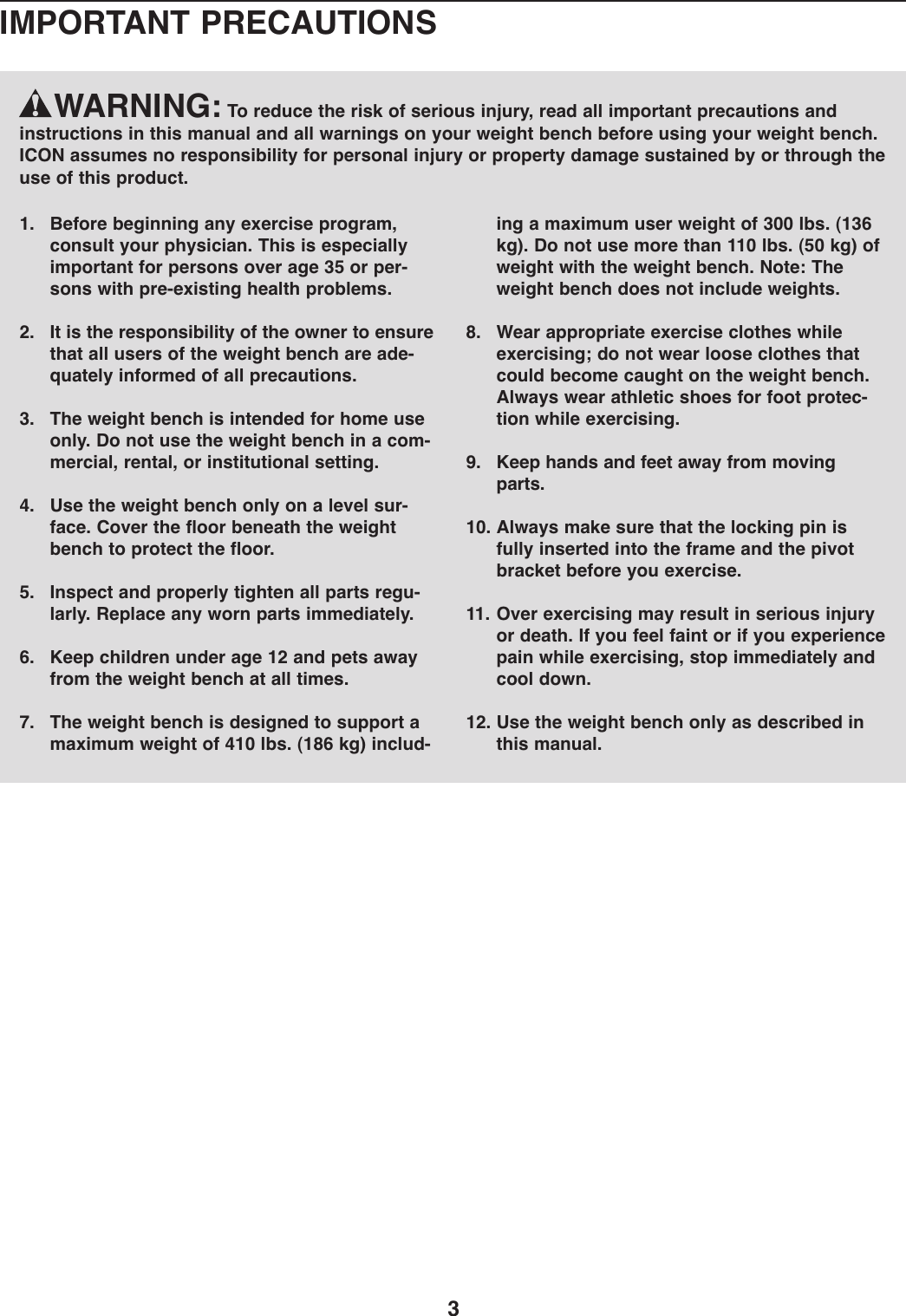 Page 3 of 12 - Weider Weider-Tc-150-Bench-Weevbe5909-Users-Manual-  Weider-tc-150-bench-weevbe5909-users-manual