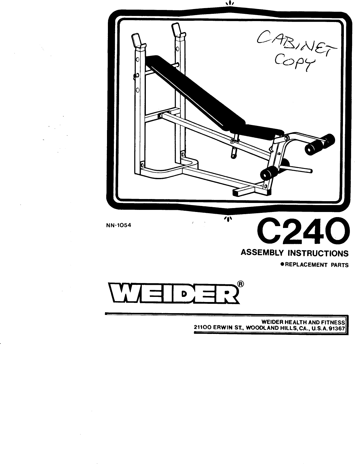 Page 1 of 8 - Weider Weider-Ultra-Bench-C240-Users-Manual-  Weider-ultra-bench-c240-users-manual