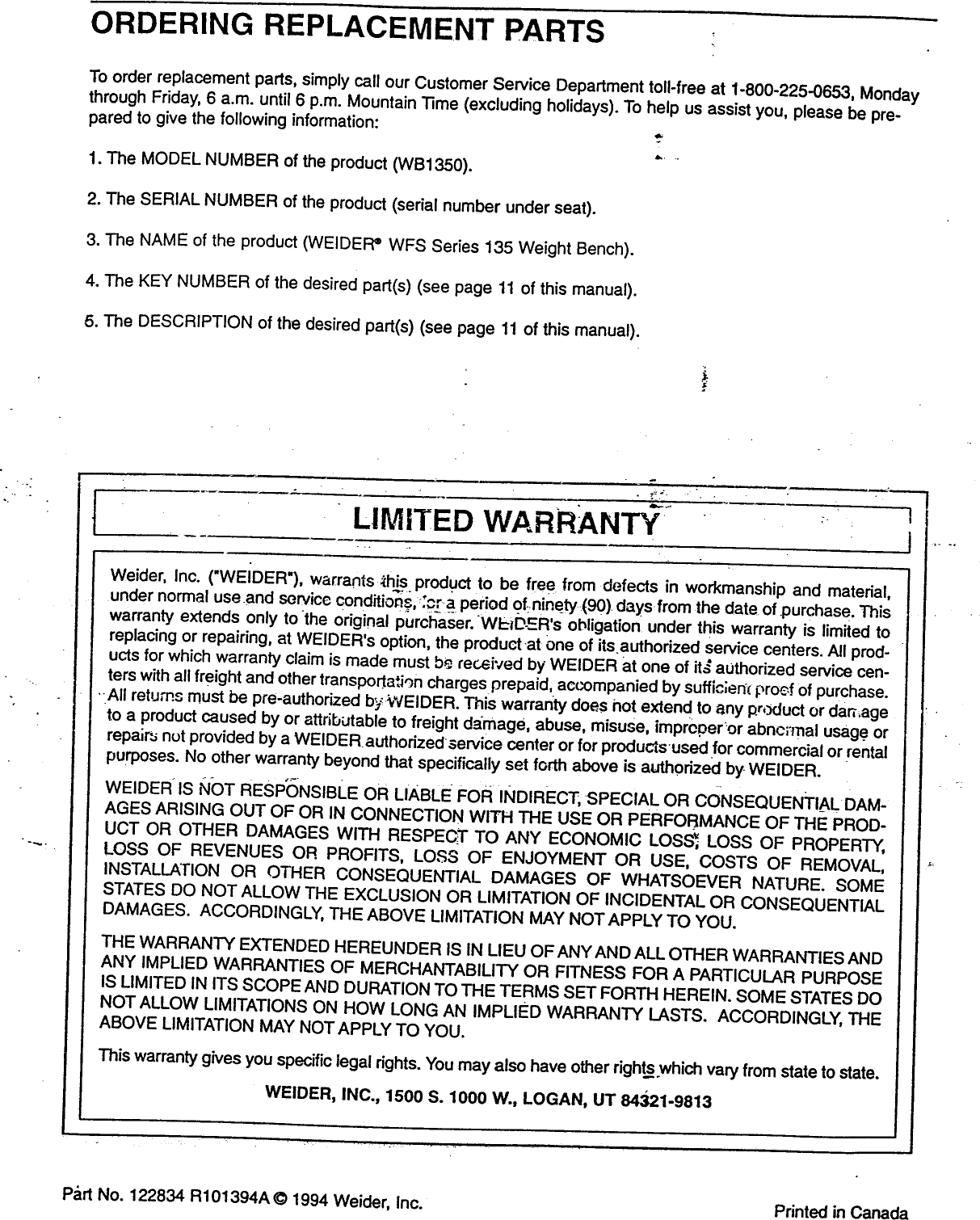 Page 12 of 12 - Weider Weider-Wb1350-Owner-S-Manual