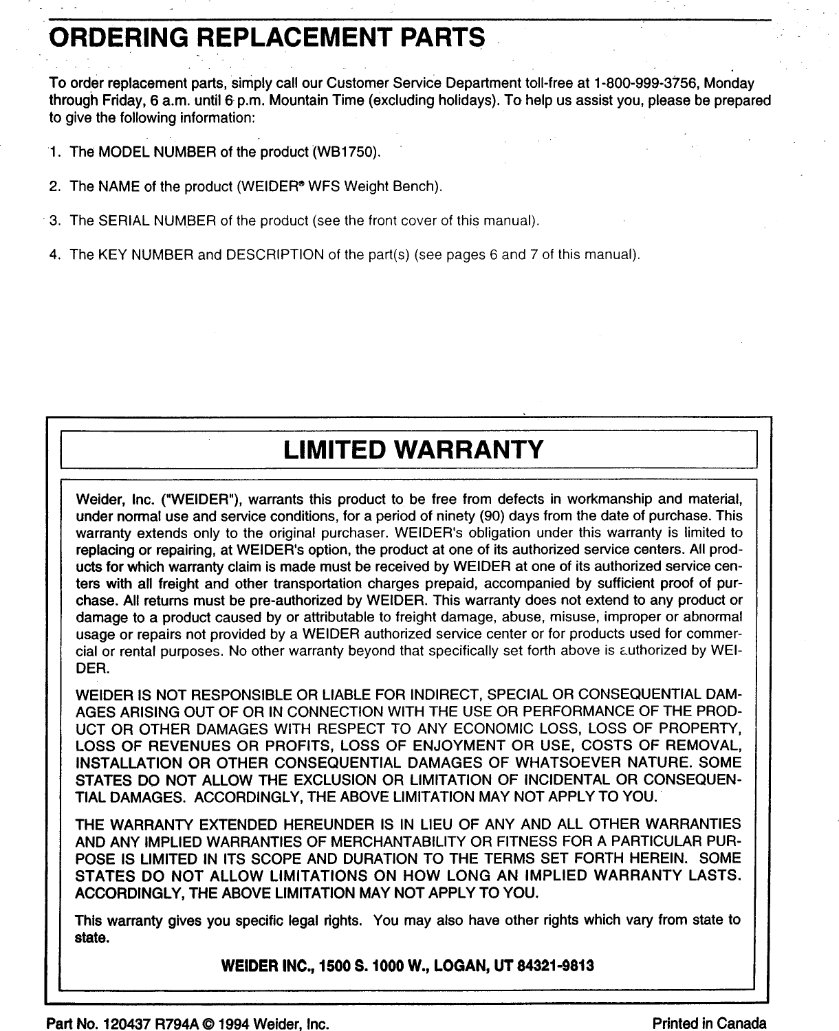 Page 8 of 8 - Weider Weider-Wb1750-Owner-S-Manual