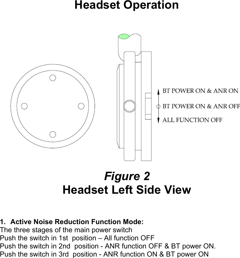  Headset Operation   Figure 2 Headset Left Side View   1.  Active Noise Reduction Function Mode: The three stages of the main power switch Push the switch in 1st  position – All function OFF Push the switch in 2nd  position - ANR function OFF &amp; BT power ON. Push the switch in 3rd  position - ANR function ON &amp; BT power ON 