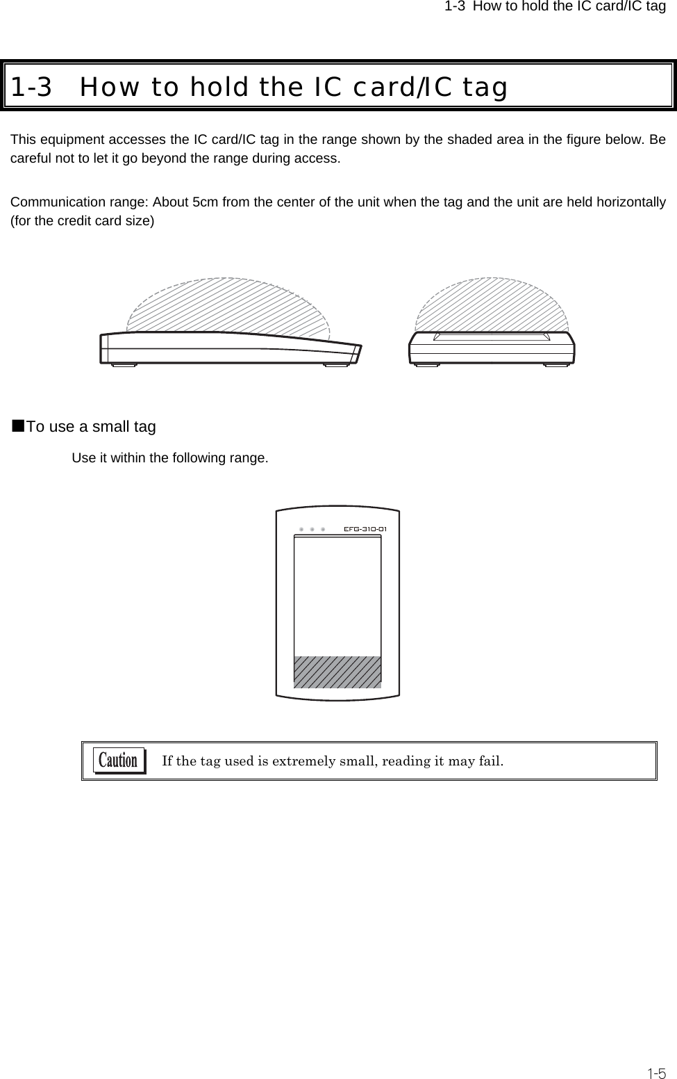  1-3 How to hold the IC card/IC tag  1-5 1-3 How to hold the IC card/IC tag This equipment accesses the IC card/IC tag in the range shown by the shaded area in the figure below. Be careful not to let it go beyond the range during access.  Communication range: About 5cm from the center of the unit when the tag and the unit are held horizontally (for the credit card size)    ■To use a small tag Use it within the following range.     If the tag used is extremely small, reading it may fail.  