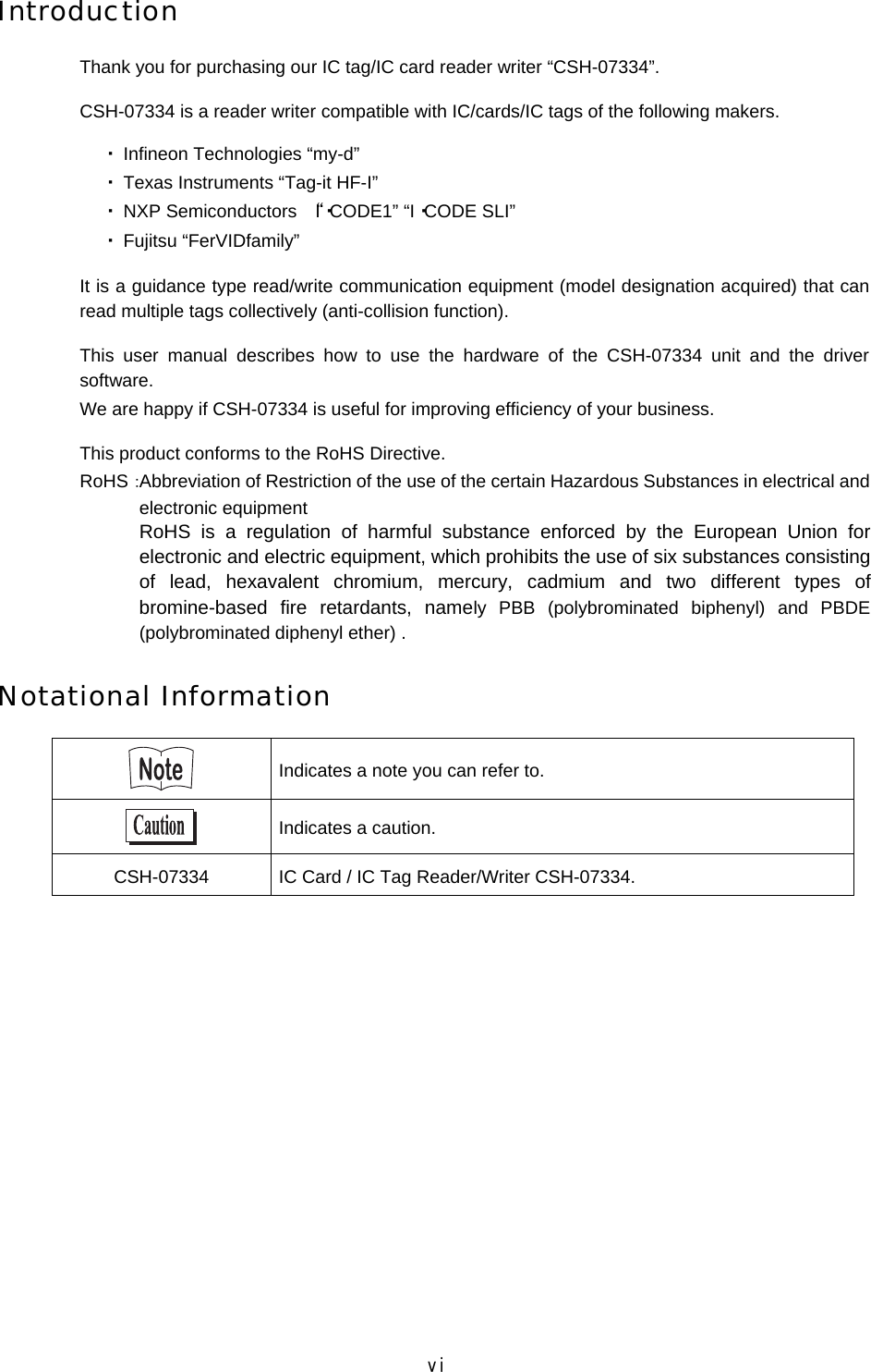 vi Introduction Thank you for purchasing our IC tag/IC card reader writer &ldquo;CSH-07334&rdquo;.  CSH-07334 is a reader writer compatible with IC/cards/IC tags of the following makers.  ・  Infineon Technologies &ldquo;my-d&rdquo; ・  Texas Instruments &ldquo;Tag-it HF-I&rdquo; ・  NXP Semiconductors  &ldquo;I・CODE1&rdquo; &ldquo;I・CODE SLI&rdquo; ・  Fujitsu &ldquo;FerVIDfamily&rdquo;  It is a guidance type read/write communication equipment (model designation acquired) that can read multiple tags collectively (anti-collision function).  This  user  manual  describes  how  to  use  the  hardware  of  the  CSH-07334  unit  and  the  driver software. We are happy if CSH-07334 is useful for improving efficiency of your business.  This product conforms to the RoHS Directive. RoHS： Abbreviation of Restriction of the use of the certain Hazardous Substances in electrical and electronic equipment RoHS  is  a  regulation  of  harmful  substance  enforced  by  the  European  Union  for electronic and electric equipment, which prohibits the use of six substances consisting of  lead,  hexavalent  chromium,  mercury,  cadmium  and  two  different  types  of bromine-based  fire  retardants,  namely  PBB  (polybrominated  biphenyl)  and  PBDE (polybrominated diphenyl ether) .  Notational Information  Indicates a note you can refer to.  Indicates a caution. CSH-07334  IC Card / IC Tag Reader/Writer CSH-07334.    