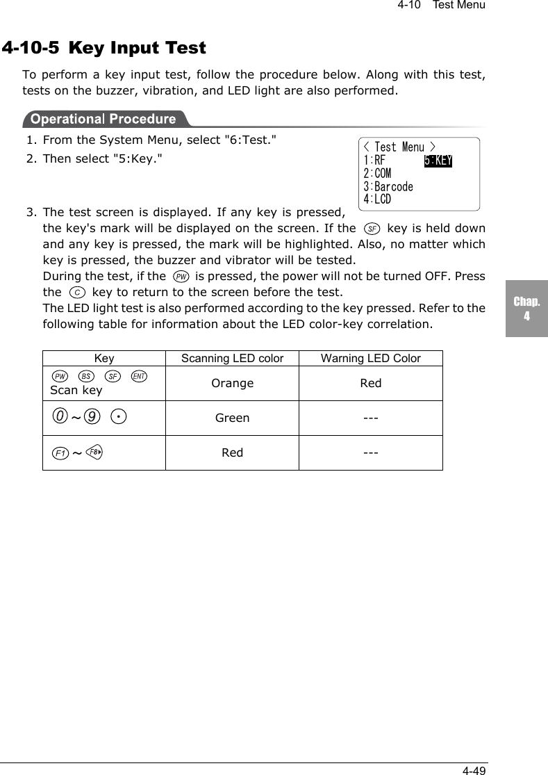 4-10  Test Menu4-49Chap.44-10-5  Key Input TestTo perform a key input test, follow the procedure below. Along with this test,tests on the buzzer, vibration, and LED light are also performed.1. From the System Menu, select "6:Test."2. Then select "5:Key."3. The test screen is displayed. If any key is pressed,the key's mark will be displayed on the screen. If the   key is held downand any key is pressed, the mark will be highlighted. Also, no matter whichkey is pressed, the buzzer and vibrator will be tested.During the test, if the   is pressed, the power will not be turned OFF. Pressthe   key to return to the screen before the test.The LED light test is also performed according to the key pressed. Refer to thefollowing table for information about the LED color-key correlation.Key Scanning LED color Warning LED Color   Scan key Orange Red～ Green ---～Red ---< Test Menu >1:RF       5:KEY2:COM3:Barcode4:LCD