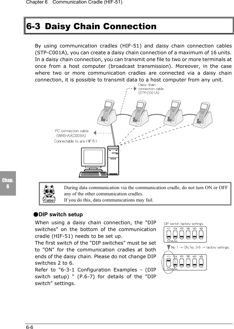 Chapter 6    Communication Cradle (HIF-51)6-6Chap.66-3 Daisy Chain ConnectionBy using communication cradles (HIF-51) and daisy chain connection cables(STP-C001A), you can create a daisy chain connection of a maximum of 16 units.In a daisy chain connection, you can transmit one file to two or more terminals atonce from a host computer (broadcast transmission). Moreover, in the casewhere two or more communication cradles are connected via a daisy chainconnection, it is possible to transmit data to a host computer from any unit.During data communication via the communication cradle, do not turn ON or OFFany of the other communication cradles.If you do this, data communications may fail.●DIP switch setupWhen using a daisy chain connection, the "DIPswitches" on the bottom of the communicationcradle (HIF-51) needs to be set up.The first switch of the "DIP switches" must be setto "ON" for the communication cradles at bothends of the daisy chain. Please do not change DIPswitches 2 to 6.Refer to "6-3-1 Configuration Examples - (DIPswitch setup) " (P.6-7) for details of the "DIPswitch" settings.