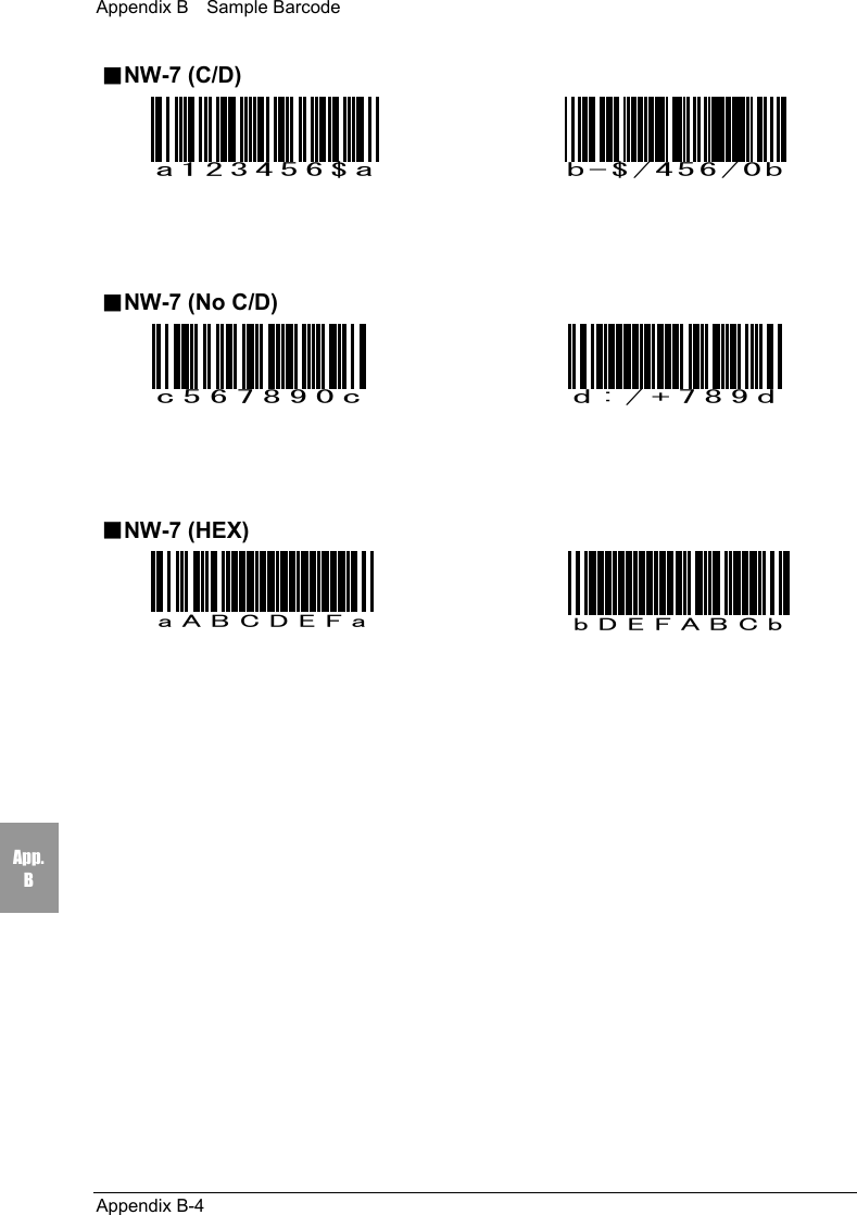 Appendix B    Sample BarcodeAppendix B-4App.B■NW-7 (C/D)a123456$a b-$/456/0b■NW-7 (No C/D)c567890c d:/+789d■NW-7 (HEX)a A B C D E F a b D E F A B C b