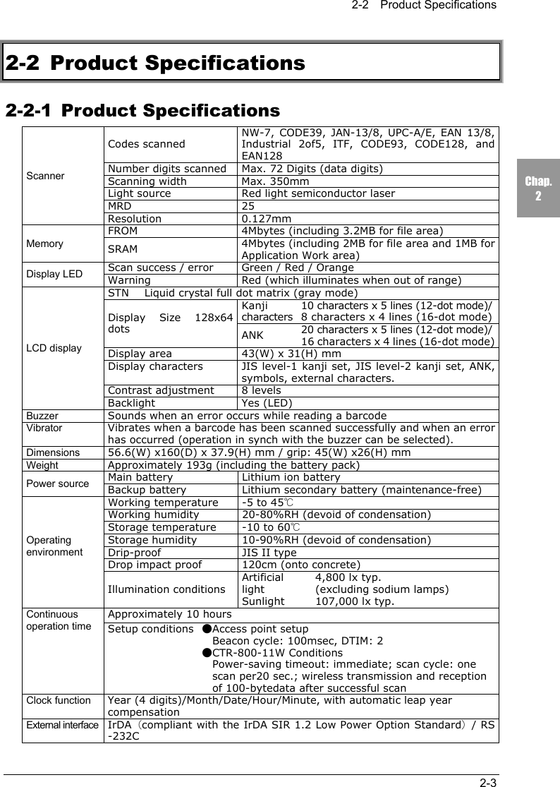 2-2  Product Specifications2-3Chap.22-2 Product Specifications2-2-1 Product SpecificationsCodes scannedNW-7, CODE39, JAN-13/8, UPC-A/E, EAN 13/8,Industrial 2of5, ITF, CODE93, CODE128, andEAN128Number digits scanned Max. 72 Digits (data digits)Scanning width Max. 350mmLight source Red light semiconductor laserMRD 25ScannerResolution 0.127mmFROM 4Mbytes (including 3.2MB for file area)Memory SRAM 4Mbytes (including 2MB for file area and 1MB forApplication Work area)Scan success / error Green / Red / OrangeDisplay LED Warning Red (which illuminates when out of range)STN      Liquid crystal full dot matrix (gray mode)Kanjicharacters10 characters x 5 lines (12-dot mode)/8 characters x 4 lines (16-dot mode)Display Size 128x64dots ANK 20 characters x 5 lines (12-dot mode)/16 characters x 4 lines (16-dot mode)Display area 43(W) x 31(H) mmDisplay characters JIS level-1 kanji set, JIS level-2 kanji set, ANK,symbols, external characters.Contrast adjustment 8 levelsLCD displayBacklight Yes (LED)Buzzer Sounds when an error occurs while reading a barcodeVibrator Vibrates when a barcode has been scanned successfully and when an errorhas occurred (operation in synch with the buzzer can be selected).Dimensions 56.6(W) x160(D) x 37.9(H) mm / grip: 45(W) x26(H) mmWeight Approximately 193g (including the battery pack)Main battery Lithium ion batteryPower source Backup battery Lithium secondary battery (maintenance-free)Working temperature -5 to 45℃Working humidity 20-80%RH (devoid of condensation)Storage temperature -10 to 60℃Storage humidity 10-90%RH (devoid of condensation)Drip-proof JIS II typeDrop impact proof 120cm (onto concrete)Artificiallight4,800 lx typ.(excluding sodium lamps)OperatingenvironmentIllumination conditionsSunlight 107,000 lx typ.Approximately 10 hoursContinuousoperation time Setup conditions ●Access point setup    Beacon cycle: 100msec, DTIM: 2●CTR-800-11W Conditions    Power-saving timeout: immediate; scan cycle: one    scan per20 sec.; wireless transmission and reception    of 100-bytedata after successful scanClock function Year (4 digits)/Month/Date/Hour/Minute, with automatic leap yearcompensationExternal interface IrDA（compliant with the IrDA SIR 1.2 Low Power Option Standard）/ RS-232C