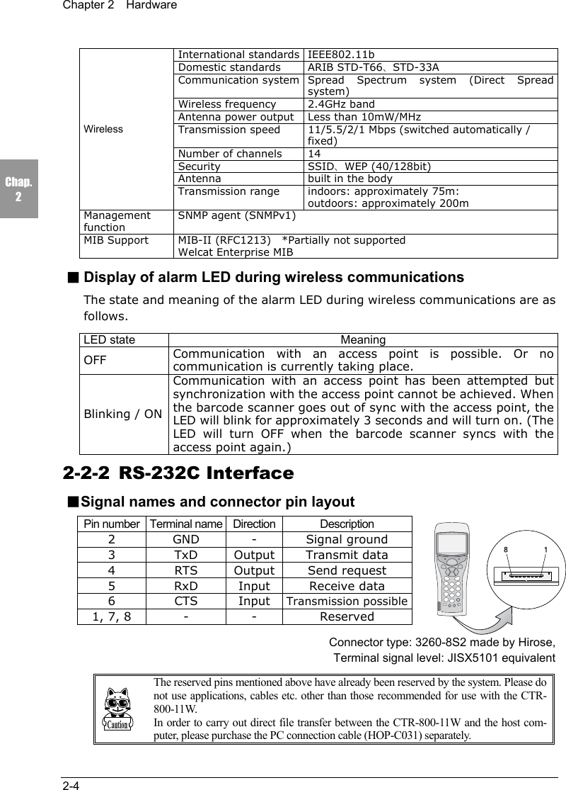 Chapter 2  Hardware2-4Chap.2International standards IEEE802.11bDomestic standards ARIB STD-T66、STD-33ACommunication system Spread Spectrum system (Direct Spreadsystem)Wireless frequency 2.4GHz bandAntenna power output Less than 10mW/MHzTransmission speed 11/5.5/2/1 Mbps (switched automatically /fixed)Number of channels 14Security SSID、WEP (40/128bit)Antenna built in the bodyWirelessTransmission range indoors: approximately 75m:outdoors: approximately 200mManagementfunctionSNMP agent (SNMPv1)MIB Support MIB-II (RFC1213)    *Partially not supportedWelcat Enterprise MIB■Display of alarm LED during wireless communicationsThe state and meaning of the alarm LED during wireless communications are asfollows.LED state MeaningOFF Communication with an access point is possible. Or nocommunication is currently taking place.Blinking / ONCommunication with an access point has been attempted butsynchronization with the access point cannot be achieved. Whenthe barcode scanner goes out of sync with the access point, theLED will blink for approximately 3 seconds and will turn on. (TheLED will turn OFF when the barcode scanner syncs with theaccess point again.)2-2-2 RS-232C Interface■Signal names and connector pin layoutPin number Terminal name Direction Description2 GND - Signal ground3 TxD Output Transmit data4 RTS Output Send request5 RxD Input Receive data6CTSInputTransmission possible1, 7, 8 - - ReservedConnector type: 3260-8S2 made by Hirose,Terminal signal level: JISX5101 equivalentThe reserved pins mentioned above have already been reserved by the system. Please donot use applications, cables etc. other than those recommended for use with the CTR-800-11W.In order to carry out direct file transfer between the CTR-800-11W and the host com-puter, please purchase the PC connection cable (HOP-C031) separately.