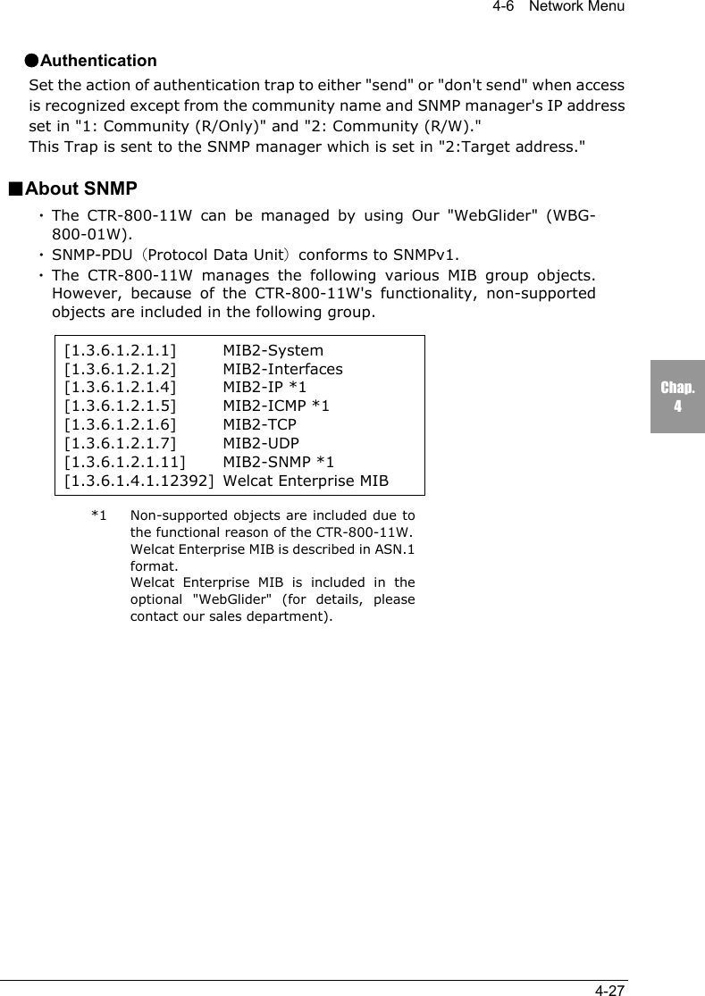 4-6  Network Menu4-27Chap.4●AuthenticationSet the action of authentication trap to either "send" or "don't send" when accessis recognized except from the community name and SNMP manager's IP addressset in "1: Community (R/Only)" and "2: Community (R/W)."This Trap is sent to the SNMP manager which is set in "2:Target address."■About SNMP・The CTR-800-11W can be managed by using Our "WebGlider" (WBG-800-01W).・SNMP-PDU（Protocol Data Unit）conforms to SNMPv1.・The CTR-800-11W manages the following various MIB group objects.However, because of the CTR-800-11W's functionality, non-supportedobjects are included in the following group.[1.3.6.1.2.1.1] MIB2-System[1.3.6.1.2.1.2] MIB2-Interfaces[1.3.6.1.2.1.4] MIB2-IP *1[1.3.6.1.2.1.5] MIB2-ICMP *1[1.3.6.1.2.1.6] MIB2-TCP[1.3.6.1.2.1.7] MIB2-UDP[1.3.6.1.2.1.11] MIB2-SNMP *1[1.3.6.1.4.1.12392] Welcat Enterprise MIB*1 Non-supported objects are included due tothe functional reason of the CTR-800-11W.Welcat Enterprise MIB is described in ASN.1format.Welcat Enterprise MIB is included in theoptional "WebGlider" (for details, pleasecontact our sales department).