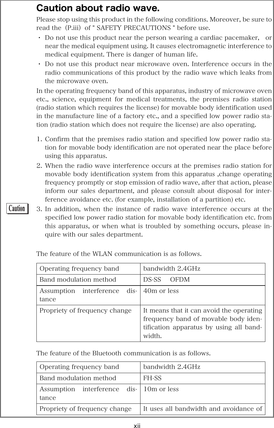 xii   Caution about radio wave. Please stop using this product in the following conditions. Moreover, be sure to read the（P.iii）of " SAFETY PRECAUTIONS " before use. ・ Do not use this product near the person wearing a cardiac pacemaker,  or near the medical equipment using. It causes electromagnetic interference to medical equipment. There is danger of human life. ・ Do not use this product near microwave oven. Interference occurs in the radio communications of this product by the radio wave which leaks from the microwave oven. In the operating frequency band of this apparatus, industry of microwave oven etc., science, equipment for medical treatments, the premises radio  station (radio station which requires the license) for movable body identification used in the manufacture line of a factory etc., and a specified low power radio sta-tion (radio station which does not require the license) are also operating.  1. Confirm that the premises radio station and specified low power radio sta-tion for movable body identification are not operated near the place before using this apparatus. 2. When the radio wave interference occurs at the premises radio station for movable body identification system from this apparatus ,change operating frequency promptly or stop emission of radio wave, after that action, please inform our sales department, and please consult about disposal  for inter-ference avoidance etc. (for example, installation of a partition) etc. 3. In  addition,  when  the  instance  of  radio  wave  interference  occurs  at  the specified low power radio station for movable body identification etc. from this apparatus, or when what is troubled by something  occurs,  please  in-quire with our sales department.  The feature of the WLAN communication is as follows.  Operating frequency band  bandwidth 2.4GHz Band modulation method  DS-SS      OFDM Assumption  interference  dis-tance 40m or less Propriety of frequency change  It means that it can avoid the operating frequency band of movable body iden-tification  apparatus  by  using  all  band-width.  The feature of the Bluetooth communication is as follows.  Operating frequency band  bandwidth 2.4GHz Band modulation method  FH-SS Assumption  interference  dis-tance 10m or less Propriety of frequency change  It uses all bandwidth and avoidance of 