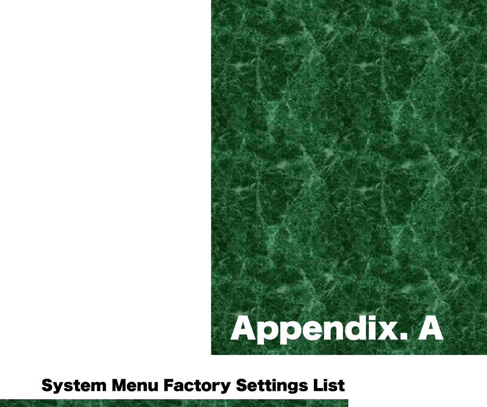    Appendix. A   5  System Menu Factory Settings List  