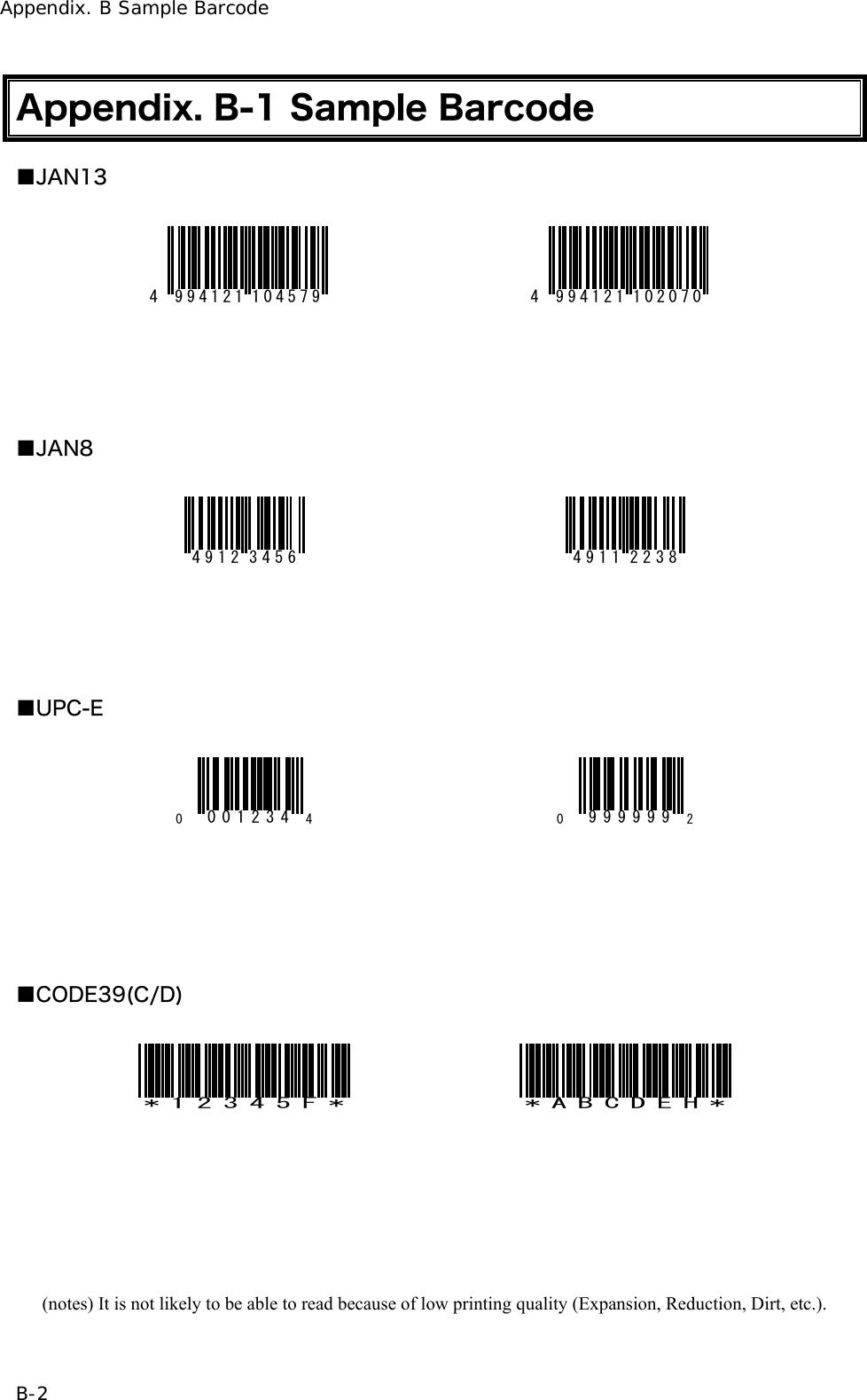 Appendix. B Sample Barcode B-2 Appendix. B-1 Sample Barcode ■JAN13 4 994121 104579  4 994121 102070      ■JAN8 4912 3456  4911 2238      ■UPC-E 0001234 4 0999999 2      ■CODE39(C/D) *12345F* *ABCDEH*       (notes) It is not likely to be able to read because of low printing quality (Expansion, Reduction, Dirt, etc.). 
