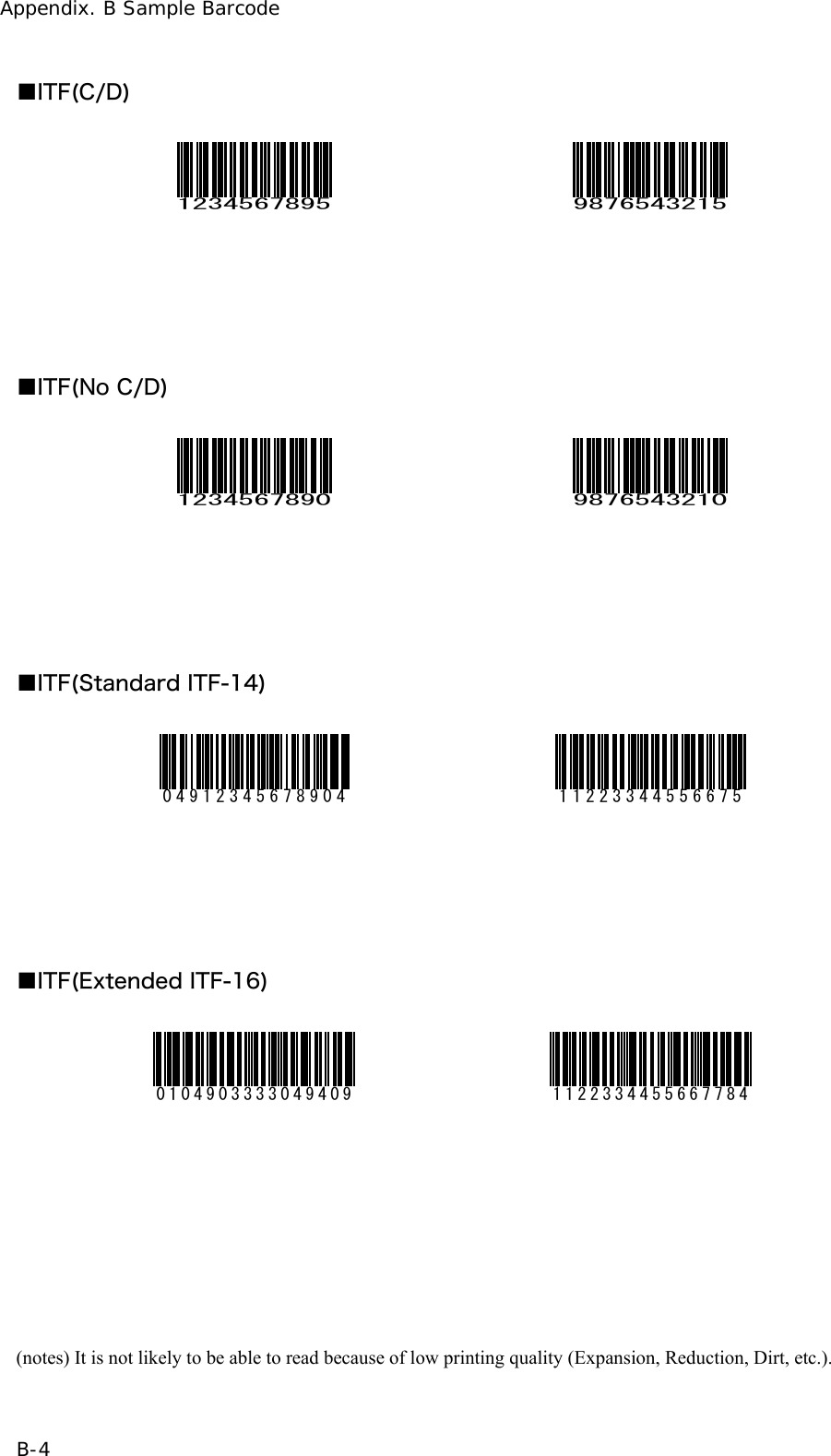 Appendix. B Sample Barcode B-4 ■ITF(C/D) 1234567895 9876543215      ■ITF(No C/D) 1234567890 9876543210      ■ITF(Standard ITF-14) 04912345678904 11223344556675      ■ITF(Extended ITF-16) 0104903333049409 1122334455667784         (notes) It is not likely to be able to read because of low printing quality (Expansion, Reduction, Dirt, etc.). 