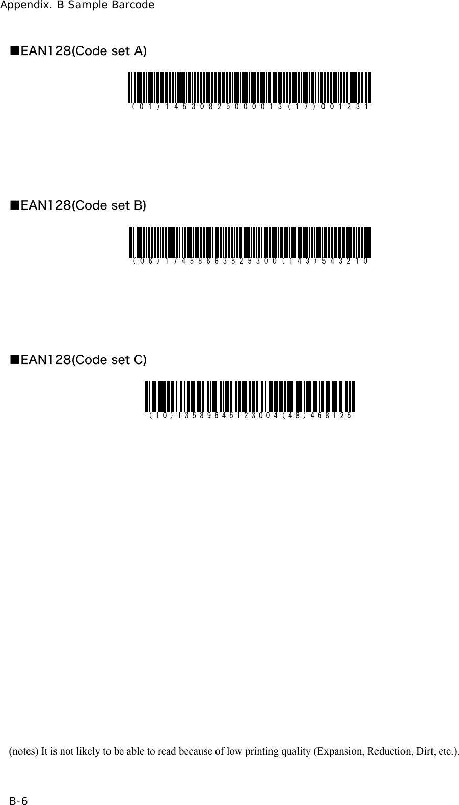Appendix. B Sample Barcode B-6 ■EAN128(Code set A) (01)14530825000013(17)001231      ■EAN128(Code set B) (06)17458663525300(143)543210      ■EAN128(Code set C) (10)13589645123004(48)468125                      (notes) It is not likely to be able to read because of low printing quality (Expansion, Reduction, Dirt, etc.). 