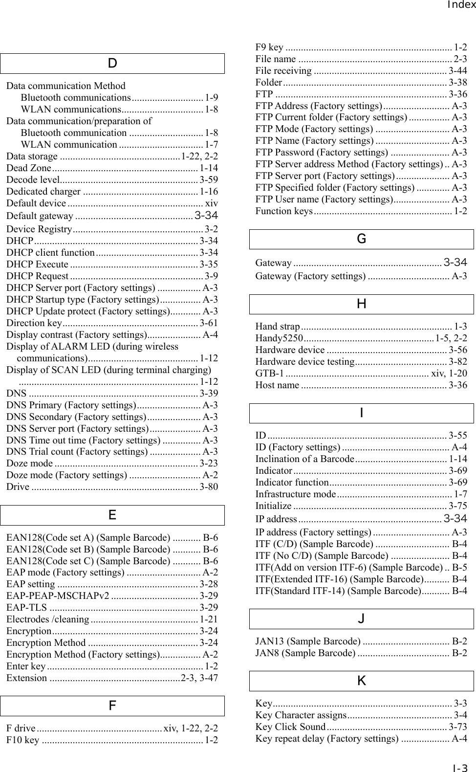 Index  I-3 Ｄ Data communication Method Bluetooth communications............................1-9 WLAN communications................................ 1-8 Data communication/preparation of Bluetooth communication .............................1-8 WLAN communication ................................. 1-7 Data storage ...............................................1-22, 2-2 Dead Zone......................................................... 1-14 Decode level...................................................... 3-59 Dedicated charger .............................................1-16 Default device ..................................................... xiv Default gateway .............................................. 3-34 Device Registry................................................... 3-2 DHCP................................................................ 3-34 DHCP client function........................................ 3-34 DHCP Execute .................................................. 3-35 DHCP Request .................................................... 3-9 DHCP Server port (Factory settings) ................. A-3 DHCP Startup type (Factory settings)................ A-3 DHCP Update protect (Factory settings)............ A-3 Direction key..................................................... 3-61 Display contrast (Factory settings)..................... A-4 Display of ALARM LED (during wireless communications)........................................... 1-12 Display of SCAN LED (during terminal charging)...................................................................... 1-12 DNS .................................................................. 3-39 DNS Primary (Factory settings)......................... A-3 DNS Secondary (Factory settings)..................... A-3 DNS Server port (Factory settings).................... A-3 DNS Time out time (Factory settings) ............... A-3 DNS Trial count (Factory settings) .................... A-3 Doze mode ........................................................ 3-23 Doze mode (Factory settings) ............................ A-2 Drive .................................................................3-80 Ｅ EAN128(Code set A) (Sample Barcode) ........... B-6 EAN128(Code set B) (Sample Barcode) ........... B-6 EAN128(Code set C) (Sample Barcode) ........... B-6 EAP mode (Factory settings) ............................. A-2 EAP setting ....................................................... 3-28 EAP-PEAP-MSCHAPv2 .................................. 3-29 EAP-TLS ..........................................................3-29 Electrodes /cleaning .......................................... 1-21 Encryption......................................................... 3-24 Encryption Method ........................................... 3-24 Encryption Method (Factory settings)................ A-2 Enter key ............................................................. 1-2 Extension ...................................................2-3, 3-47 Ｆ F drive ................................................. xiv, 1-22, 2-2 F10 key ...............................................................1-2 F9 key ................................................................. 1-2 File name ............................................................ 2-3 File receiving .................................................... 3-44 Folder................................................................ 3-38 FTP ................................................................... 3-36 FTP Address (Factory settings).......................... A-3 FTP Current folder (Factory settings) ................ A-3 FTP Mode (Factory settings) ............................. A-3 FTP Name (Factory settings) ............................. A-3 FTP Password (Factory settings) ....................... A-3 FTP Server address Method (Factory settings) .. A-3 FTP Server port (Factory settings)..................... A-3 FTP Specified folder (Factory settings) ............. A-3 FTP User name (Factory settings)...................... A-3 Function keys...................................................... 1-2 Ｇ Gateway .......................................................... 3-34 Gateway (Factory settings) ................................ A-3 Ｈ Hand strap........................................................... 1-3 Handy5250...................................................1-5, 2-2 Hardware device ............................................... 3-56 Hardware device testing.................................... 3-82 GTB-1 ........................................................ xiv, 1-20 Host name ......................................................... 3-36 Ｉ ID ...................................................................... 3-55 ID (Factory settings) .......................................... A-4 Inclination of a Barcode.................................... 1-14 Indicator............................................................ 3-69 Indicator function.............................................. 3-69 Infrastructure mode............................................. 1-7 Initialize ............................................................ 3-75 IP address........................................................ 3-34 IP address (Factory settings) .............................. A-3 ITF (C/D) (Sample Barcode) ............................. B-4 ITF (No C/D) (Sample Barcode) ....................... B-4 ITF(Add on version ITF-6) (Sample Barcode) .. B-5 ITF(Extended ITF-16) (Sample Barcode).......... B-4 ITF(Standard ITF-14) (Sample Barcode)........... B-4 Ｊ JAN13 (Sample Barcode) .................................. B-2 JAN8 (Sample Barcode) .................................... B-2 Ｋ Key...................................................................... 3-3 Key Character assigns......................................... 3-4 Key Click Sound............................................... 3-73 Key repeat delay (Factory settings) ................... A-4 