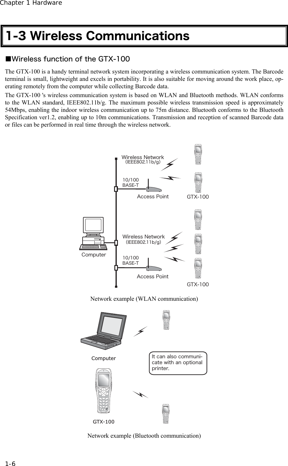Chapter 1 Hardware 1-6 1-3 Wireless Communications ■Wireless function of the GTX-100 The GTX-100 is a handy terminal network system incorporating a wireless communication system. The Barcode terminal is small, lightweight and excels in portability. It is also suitable for moving around the work place, op-erating remotely from the computer while collecting Barcode data.   The GTX-100 's wireless communication system is based on WLAN and Bluetooth methods. WLAN conforms to the WLAN standard, IEEE802.11b/g. The maximum possible wireless transmission speed is approximately 54Mbps, enabling the indoor wireless communication up to 75m distance. Bluetooth conforms to the Bluetooth Specification ver1.2, enabling up to 10m communications. Transmission and reception of scanned Barcode data or files can be performed in real time through the wireless network.  &plusmn;&deg;&macr;&plusmn;&deg;&deg;&Acirc;&Aacute;&Oacute;&Aring;&Ocirc;&plusmn;&deg;&macr;&plusmn;&deg;&deg;&Acirc;&Aacute;&Oacute;&Aring;&Ocirc;ᴥ&Eacute;&Aring;&Aring;&Aring;&cedil;&deg;&sup2;&reg;&plusmn;&plusmn;&acirc;&macr;&ccedil;ᴦᴥ&Eacute;&Aring;&Aring;&Aring;&cedil;&deg;&sup2;&reg;&plusmn;&plusmn;&acirc;&macr;&ccedil;ᴦ&Ccedil;&Ocirc;&Oslash;&plusmn;&deg;&deg;&Ccedil;&Ocirc;&Oslash;&plusmn;&deg;&deg;&times;&eacute;&ograve;&aring;&igrave;&aring;&oacute;&oacute;&Icirc;&aring;&ocirc;&divide;&iuml;&ograve;&euml;&Aacute;&atilde;&atilde;&aring;&oacute;&oacute;&ETH;&iuml;&eacute;&icirc;&ocirc;&times;&eacute;&ograve;&aring;&igrave;&aring;&oacute;&oacute;&Icirc;&aring;&ocirc;&divide;&iuml;&ograve;&euml;&Aacute;&atilde;&atilde;&aring;&oacute;&oacute;&ETH;&iuml;&eacute;&icirc;&ocirc;&Atilde;&iuml;&iacute;&eth;&otilde;&ocirc;&aring;&ograve;  Network example (WLAN communication) &Eacute;&ocirc;&atilde;&aacute;&icirc;&aacute;&igrave;&oacute;&iuml;&atilde;&iuml;&iacute;&iacute;&otilde;&icirc;&eacute;&atilde;&aacute;&ocirc;&aring;&divide;&eacute;&ocirc;&egrave;&aacute;&icirc;&iuml;&eth;&ocirc;&eacute;&iuml;&icirc;&aacute;&igrave;&eth;&ograve;&eacute;&icirc;&ocirc;&aring;&ograve;&reg;ComputerGTX-100 Network example (Bluetooth communication) 