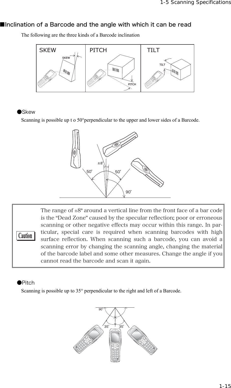   1-5 Scanning Specifications  1-15 ■Inclination of a Barcode and the angle with which it can be read The following are the three kinds of a Barcode inclination SKEW PITCH TILTTILTPITCHSKEW   ●Skew Scanning is possible up t o 50&deg;perpendicular to the upper and lower sides of a Barcode. &sup1;&deg;ā&micro;&deg;āĂ&cedil;ā&micro;&deg;ā  The range of &plusmn;8&ordm; around a vertical line from the front face of a bar code is the &ldquo;Dead Zone&rdquo; caused by the specular reflection; poor or erroneous scanning or other negative effects may occur within this range. In par-ticular, special care is required  when  scanning  barcodes  with  high surface reflection. When scanning such a barcode, you can avoid a scanning error by changing the scanning angle, changing the material of the barcode label and some other measures. Change the angle if you cannot read the barcode and scan it again.  ●Pitch Scanning is possible up to 35&deg; perpendicular to the right and left of a Barcode.  &sup1;&deg;ɨ&sup3;&micro;ɨ&sup3;&micro;ɨ 