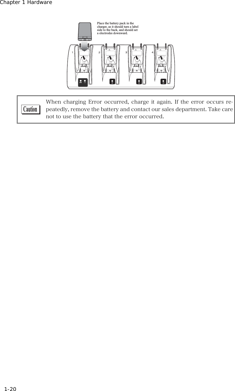 Chapter 1 Hardware 1-20 Place the battery pack in the charger, as it should turn a label side to the back, and should set a electrodes downward.  When charging Error occurred, charge it again. If the error occurs re-peatedly, remove the battery and contact our sales department. Take care not to use the battery that the error occurred. 