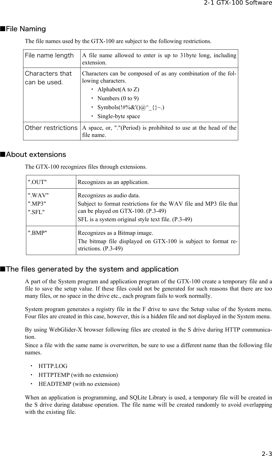  2-1 GTX-100 Software   2-3 ■File Naming The file names used by the GTX-100 are subject to the following restrictions.  File name length  A file name allowed to enter is up to 31byte long, including extension. Characters that can be used. Characters can be composed of as any combination of the fol-lowing characters. ・ Alphabet(A to Z) ・  Numbers (0 to 9) ・ Symbols(!#%&amp;'()@^_{}~.) ・ Single-byte space Other restrictions  A space, or, "."(Period) is prohibited to use at the head of the file name.  ■About extensions The GTX-100 recognizes files through extensions.  ".OUT"  Recognizes as an application. ".WAV" ".MP3" ".SFL" Recognizes as audio data. Subject to format restrictions for the WAV file and MP3 file that can be played on GTX-100. (P.3-49) SFL is a system original style text file. (P.3-49) ".BMP"  Recognizes as a Bitmap image. The bitmap file displayed on GTX-100 is subject to format re-strictions. (P.3-49)  ■The files generated by the system and application A part of the System program and application program of the GTX-100 create a temporary file and a file to save the setup value. If these files could not be generated for such reasons that there are too many files, or no space in the drive etc., each program fails to work normally.  System program generates a registry file in the F drive to save the Setup value of the System menu. Four files are created in this case, however, this is a hidden file and not displayed in the System menu.  By using WebGlider-X browser following files are created in the S drive during HTTP communica-tion. Since a file with the same name is overwritten, be sure to use a different name than the following file names.  ・ HTTP.LOG ・  HTTPTEMP (with no extension) ・  HEADTEMP (with no extension)  When an application is programming, and SQLite Library is used, a temporary file will be created in the S drive during database operation. The file name will be created randomly to avoid overlapping with the existing file.    