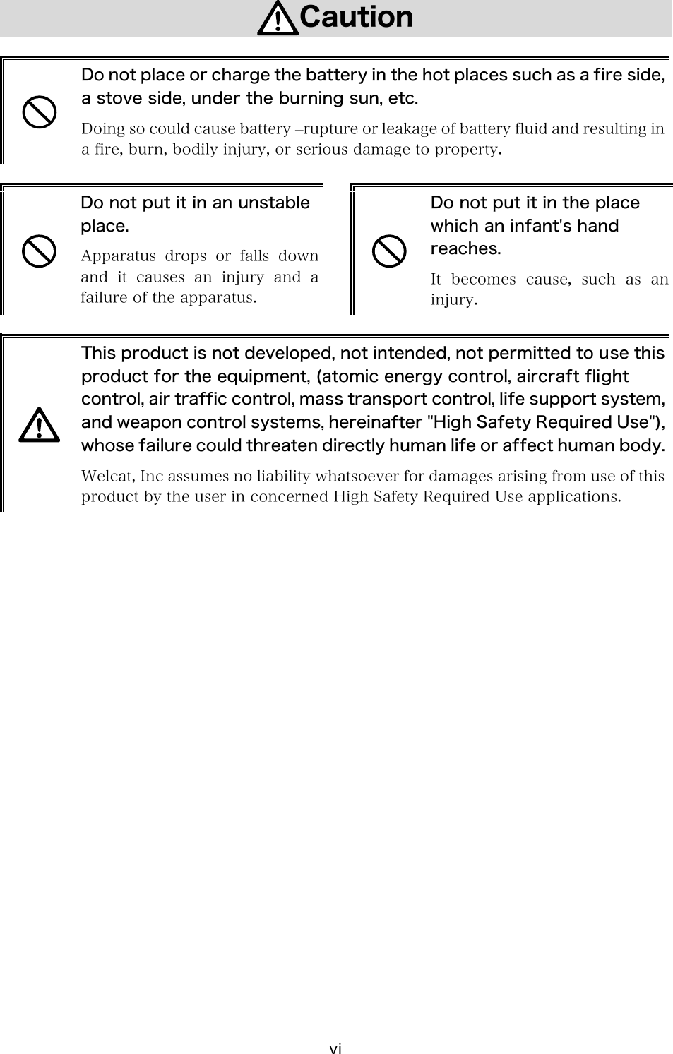 vi Caution   Do not place or charge the battery in the hot places such as a fire side, a stove side, under the burning sun, etc. Doing so could cause battery &ndash;rupture or leakage of battery fluid and resulting in a fire, burn, bodily injury, or serious damage to property.   Do not put it in an unstable place. Apparatus  drops  or  falls  down and  it  causes  an  injury  and  a failure of the apparatus.   Do not put it in the place which an infant's hand reaches. It becomes cause, such as an injury.   This product is not developed, not intended, not permitted to use this product for the equipment, (atomic energy control, aircraft flight control, air traffic control, mass transport control, life support system, and weapon control systems, hereinafter "High Safety Required Use"), whose failure could threaten directly human life or affect human body.Welcat, Inc assumes no liability whatsoever for damages arising from use of this product by the user in concerned High Safety Required Use applications.  