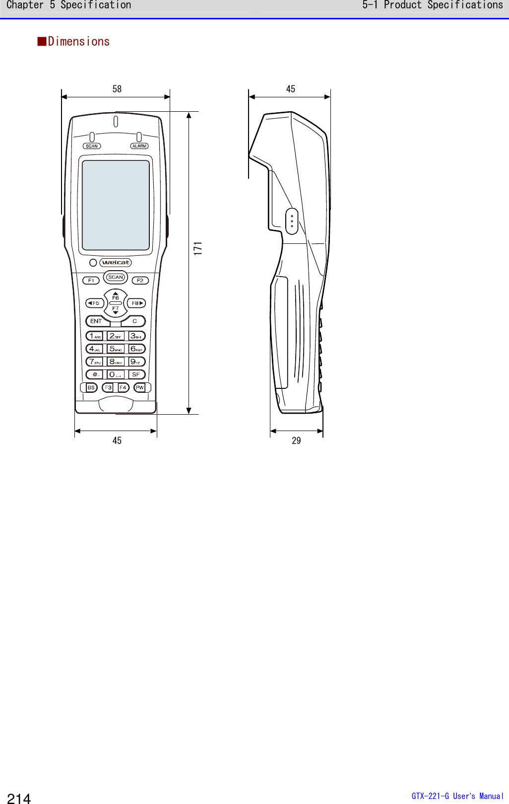 Chapter 5 Specification 5-1 Product Specifications  GTX-221-G User&rsquo;s Manual 214 ■Dimensions  58 4545 29171   