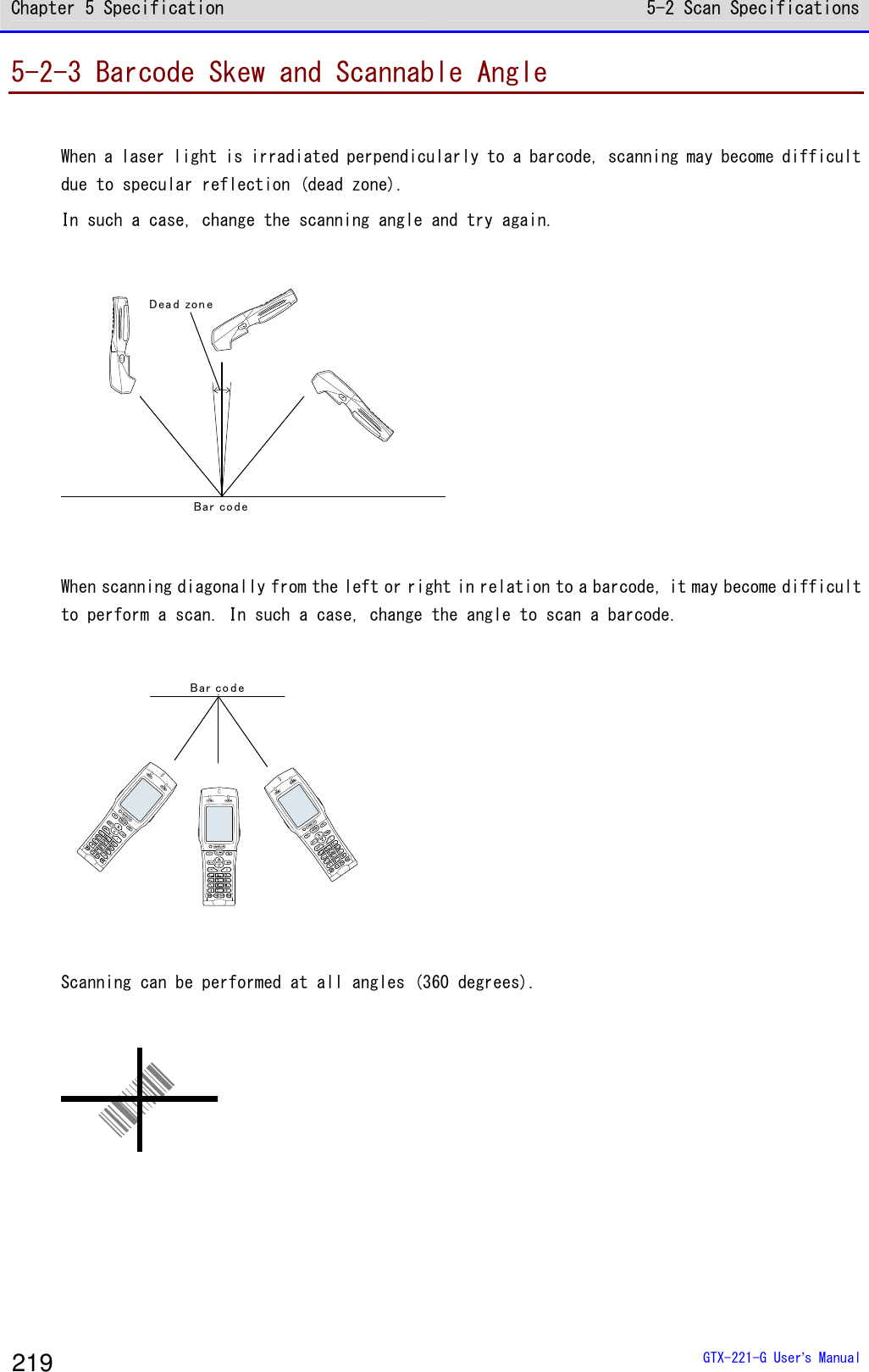 Chapter 5 Specification 5-2 Scan Specifications  GTX-221-G User&rsquo;s Manual 219 5-2-3 Barcode Skew and Scannable Angle  When a laser light is irradiated perpendicularly to a barcode, scanning may become difficult due to specular reflection (dead zone).  In such a case, change the scanning angle and try again.   Bar co d eD ea d zo n e    When scanning diagonally from the left or right in relation to a barcode, it may become difficult to perform a scan. In such a case, change the angle to scan a barcode.  Bar co d e  Scanning can be performed at all angles (360 degrees).    