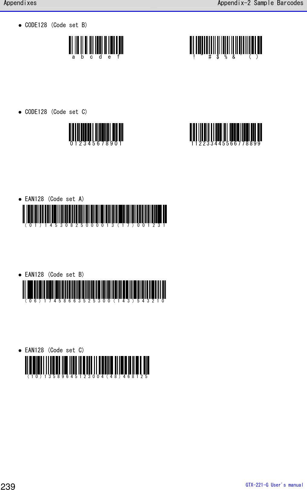 Appendixes Appendix-2 Sample Barcodes  GTX-221-G User's manual 239 ● CODE128 (Code set B) abcdef !"#$%&amp;'()    ● CODE128 (Code set C) 012345678901 112233445566778899    ● EAN128 (Code set A) (01)14530825000013(17)001231    ● EAN128 (Code set B) (06)17458663525300(143)543210    ● EAN128 (Code set C) (10)13589645123004(48)468125  