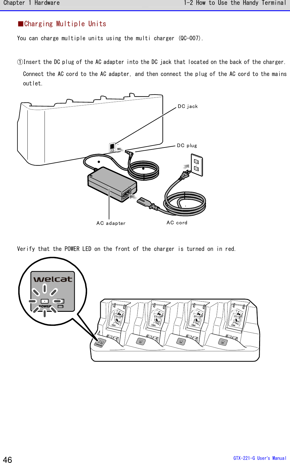 Chapter 1 Hardware 1-2 How to Use the Handy Terminal  GTX-221-G User&rsquo;s Manual 46 ■Charging Multiple Units You can charge multiple units using the multi charger (QC-007).  ①Insert the DC plug of the AC adapter into the DC jack that located on the back of the charger.   Connect the AC cord to the AC adapter, and then connect the plug of the AC cord to the mains outlet. DC j ackAC adap ter AC co rdDC plug  Verify that the POWER LED on the front of the charger is turned on in red.   
