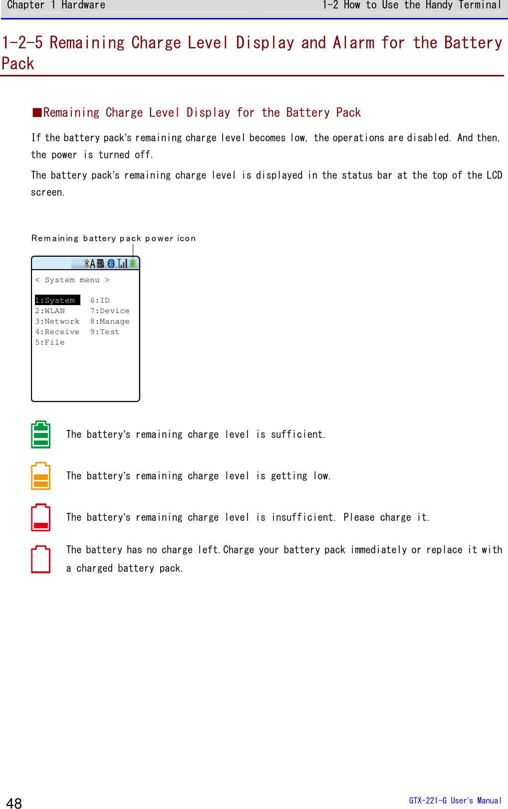 Chapter 1 Hardware 1-2 How to Use the Handy Terminal  GTX-221-G User&rsquo;s Manual 48 1-2-5 Remaining Charge Level Display and Alarm for the Battery Pack  ■Remaining Charge Level Display for the Battery Pack If the battery pack&rsquo;s remaining charge level becomes low, the operations are disabled. And then, the power is turned off. The battery pack&rsquo;s remaining charge level is displayed in the status bar at the top of the LCD screen.  R em ain in g b attery p a ck p o w er ico n< System menu >1:System 6:ID2:WLAN 7:Device3:Network 8:Manage4:Receive 9:Test5:File  The battery&rsquo;s remaining charge level is sufficient.  The battery&rsquo;s remaining charge level is getting low.  The battery&rsquo;s remaining charge level is insufficient. Please charge it.  The battery has no charge left.Charge your battery pack immediately or replace it with a charged battery pack. 