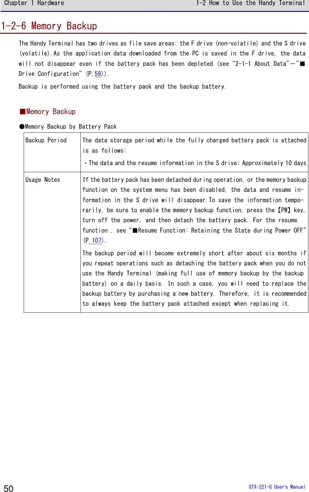 Chapter 1 Hardware 1-2 How to Use the Handy Terminal  GTX-221-G User&rsquo;s Manual 50 1-2-6 Memory Backup The Handy Terminal has two drives as file save areas: the F drive (non-volatile) and the S drive (volatile).As the application data downloaded from the PC is saved in the F drive, the data will not disappear even if the battery pack has been depleted (see "2-1-1 About Data"－"■Drive Configuration" (P.59)). Backup is performed using the battery pack and the backup battery.  ■Memory Backup ●Memory Backup by Battery Pack Backup Period The data storage period while the fully charged battery pack is attached is as follows: ・The data and the resume information in the S drive: Approximately 10 days Usage Notes If the battery pack has been detached during operation, or the memory backup function on the system menu has been disabled, the data and resume in-formation in the S drive will disappear.To save the information tempo-rarily, be sure to enable the memory backup function, press the【PW】key, turn off the power, and then detach the battery pack. For the resume function , see "■Resume Function: Retaining the State during Power OFF" (P.107). The backup period will become extremely short after about six months if you repeat operations such as detaching the battery pack when you do not use the Handy Terminal (making full use of memory backup by the backup battery) on a daily basis. In such a case, you will need to replace the backup battery by purchasing a new battery. Therefore, it is recommended to always keep the battery pack attached except when replacing it.  