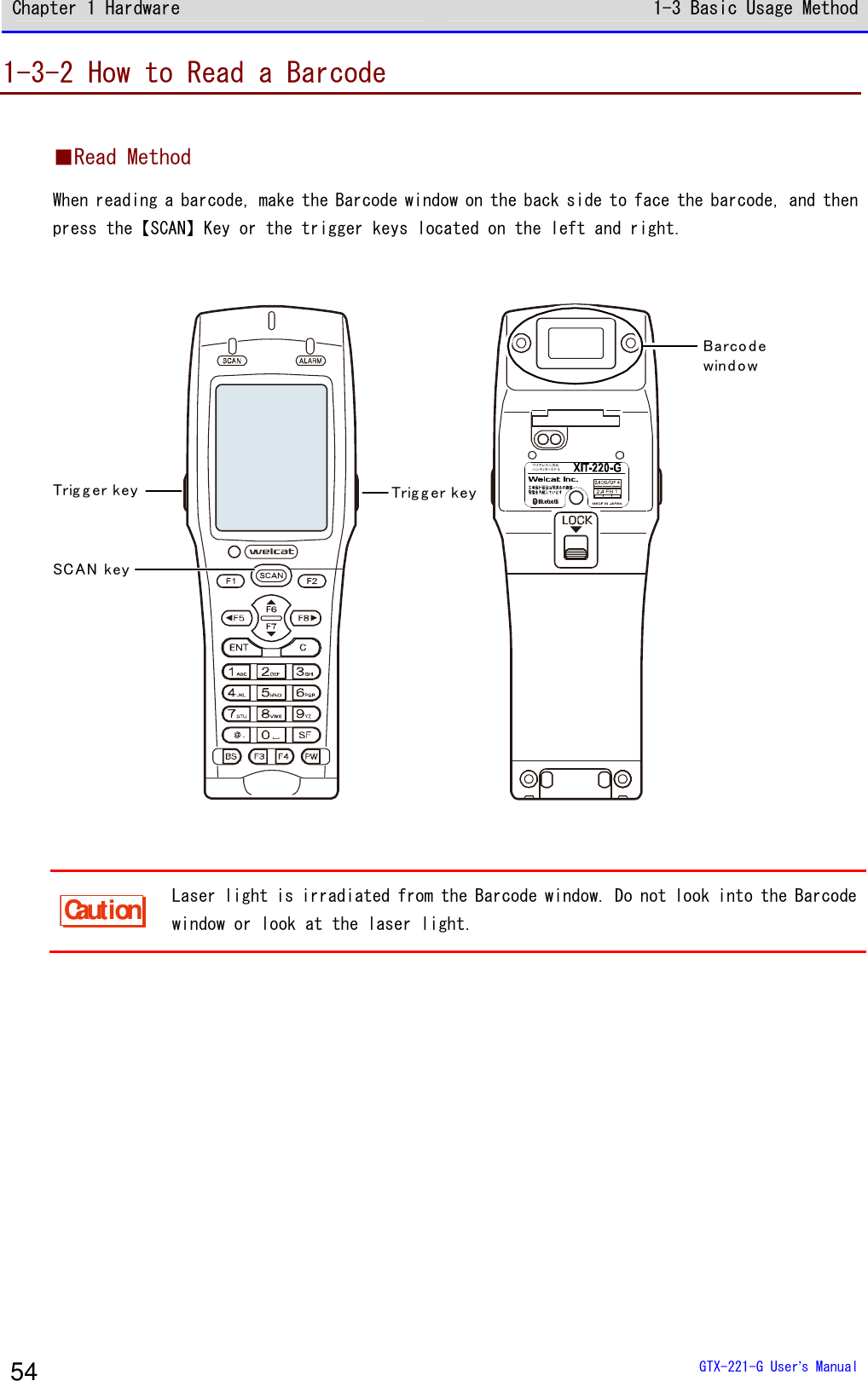 Chapter 1 Hardware 1-3 Basic Usage Method  GTX-221-G User&rsquo;s Manual 54 1-3-2 How to Read a Barcode  ■Read Method When reading a barcode, make the Barcode window on the back side to face the barcode, and then press the【SCAN】Key or the trigger keys located on the left and right.  Trig g er keyTrig g er keySCAN  keyBarcodewind o wワイヤレス二次元ハンディターミナ ル  Caution Laser light is irradiated from the Barcode window. Do not look into the Barcode window or look at the laser light.  
