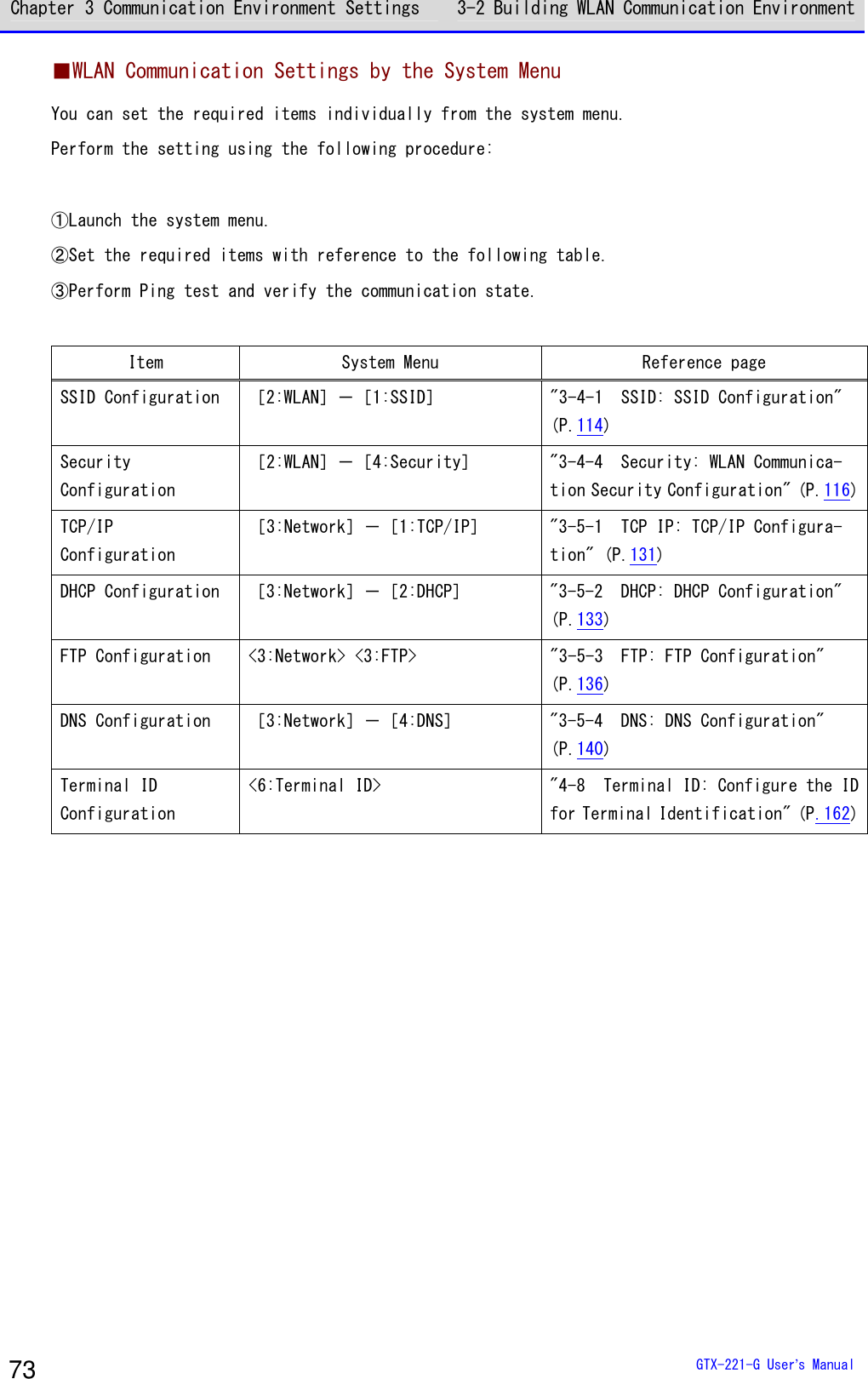 Chapter 3 Communication Environment Settings 3-2 Building WLAN Communication Environment  GTX-221-G User&rsquo;s Manual 73 ■WLAN Communication Settings by the System Menu You can set the required items individually from the system menu. Perform the setting using the following procedure:  ①Launch the system menu. ②Set the required items with reference to the following table. ③Perform Ping test and verify the communication state.  Item  System Menu  Reference page SSID Configuration  ［2:WLAN］－［1:SSID］  "3-4-1  SSID: SSID Configuration" (P.114) Security  Configuration ［2:WLAN］－［4:Security］  "3-4-4  Security: WLAN Communica-tion Security Configuration" (P.116) TCP/IP  Configuration ［3:Network］－［1:TCP/IP］  "3-5-1  TCP IP: TCP/IP Configura-tion" (P.131) DHCP Configuration  ［3:Network］－［2:DHCP］  "3-5-2  DHCP: DHCP Configuration" (P.133) FTP Configuration  <3:Network> <3:FTP>  "3-5-3  FTP: FTP Configuration" (P.136) DNS Configuration  ［3:Network］－［4:DNS］  "3-5-4  DNS: DNS Configuration" (P.140) Terminal ID  Configuration <6:Terminal ID>  "4-8 Terminal ID: Configure the ID for Terminal Identification" (P.162)   