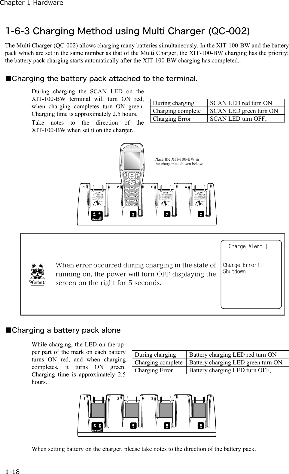 Chapter 1 Hardware 1-18 1-6-3 Charging Method using Multi Charger (QC-002) The Multi Charger (QC-002) allows charging many batteries simultaneously. In the XIT-100-BW and the battery pack which are set in the same number as that of the Multi Charger, the XIT-100-BW charging has the priority; the battery pack charging starts automatically after the XIT-100-BW charging has completed.  ■Charging the battery pack attached to the terminal. During charging the SCAN LED on the XIT-100-BW terminal will turn ON red, when charging completes turn ON green. Charging time is approximately 2.5 hours. Take notes to the direction of the XIT-100-BW when set it on the charger. During charging  SCAN LED red turn ON   Charging complete  SCAN LED green turn ON Charging Error  SCAN LED turn OFF,    Place the XIT-100-BW in the charger as shown below.  When error occurred during charging in the state of running on, the power will turn OFF displaying the screen on the right for 5 seconds.    ■Charging a battery pack alone While charging, the LED on the up-per part of the mark on each battery turns ON red, and when charging completes, it turns ON green. Charging time is approximately 2.5 hours.  During charging  Battery charging LED red turn ON   Charging complete Battery charging LED green turn ON Charging Error  Battery charging LED turn OFF,   When setting battery on the charger, please take notes to the direction of the battery pack. 