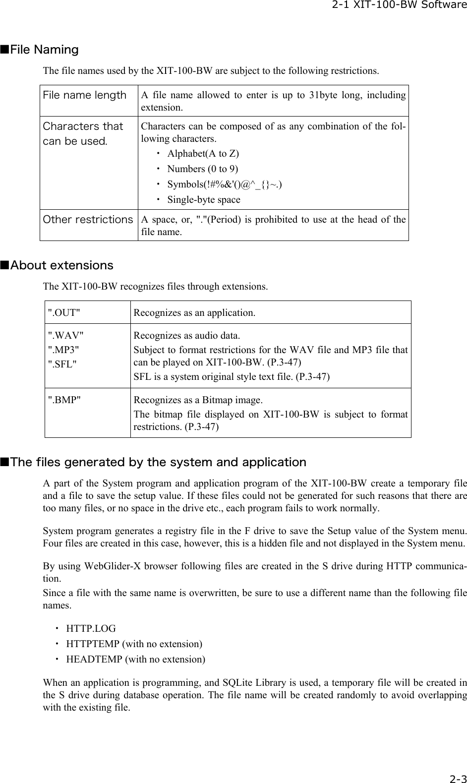  2-1 XIT-100-BW Software   2-3 ■File Naming The file names used by the XIT-100-BW are subject to the following restrictions.  File name length  A file name allowed to enter is up to 31byte long, including extension. Characters that can be used. Characters can be composed of as any combination of the fol-lowing characters. ・ Alphabet(A to Z) ・  Numbers (0 to 9) ・ Symbols(!#%&amp;'()@^_{}~.) ・ Single-byte space Other restrictions  A space, or, "."(Period) is prohibited to use at the head of the file name.  ■About extensions The XIT-100-BW recognizes files through extensions.  ".OUT"  Recognizes as an application. ".WAV" ".MP3" ".SFL" Recognizes as audio data. Subject to format restrictions for the WAV file and MP3 file that can be played on XIT-100-BW. (P.3-47) SFL is a system original style text file. (P.3-47) ".BMP"  Recognizes as a Bitmap image. The bitmap file displayed on XIT-100-BW is subject to format restrictions. (P.3-47)  ■The files generated by the system and application A part of the System program and application program of the XIT-100-BW create a temporary file and a file to save the setup value. If these files could not be generated for such reasons that there are too many files, or no space in the drive etc., each program fails to work normally.  System program generates a registry file in the F drive to save the Setup value of the System menu. Four files are created in this case, however, this is a hidden file and not displayed in the System menu.  By using WebGlider-X browser following files are created in the S drive during HTTP communica-tion. Since a file with the same name is overwritten, be sure to use a different name than the following file names.  ・ HTTP.LOG ・  HTTPTEMP (with no extension) ・  HEADTEMP (with no extension)  When an application is programming, and SQLite Library is used, a temporary file will be created in the S drive during database operation. The file name will be created randomly to avoid overlapping with the existing file.    