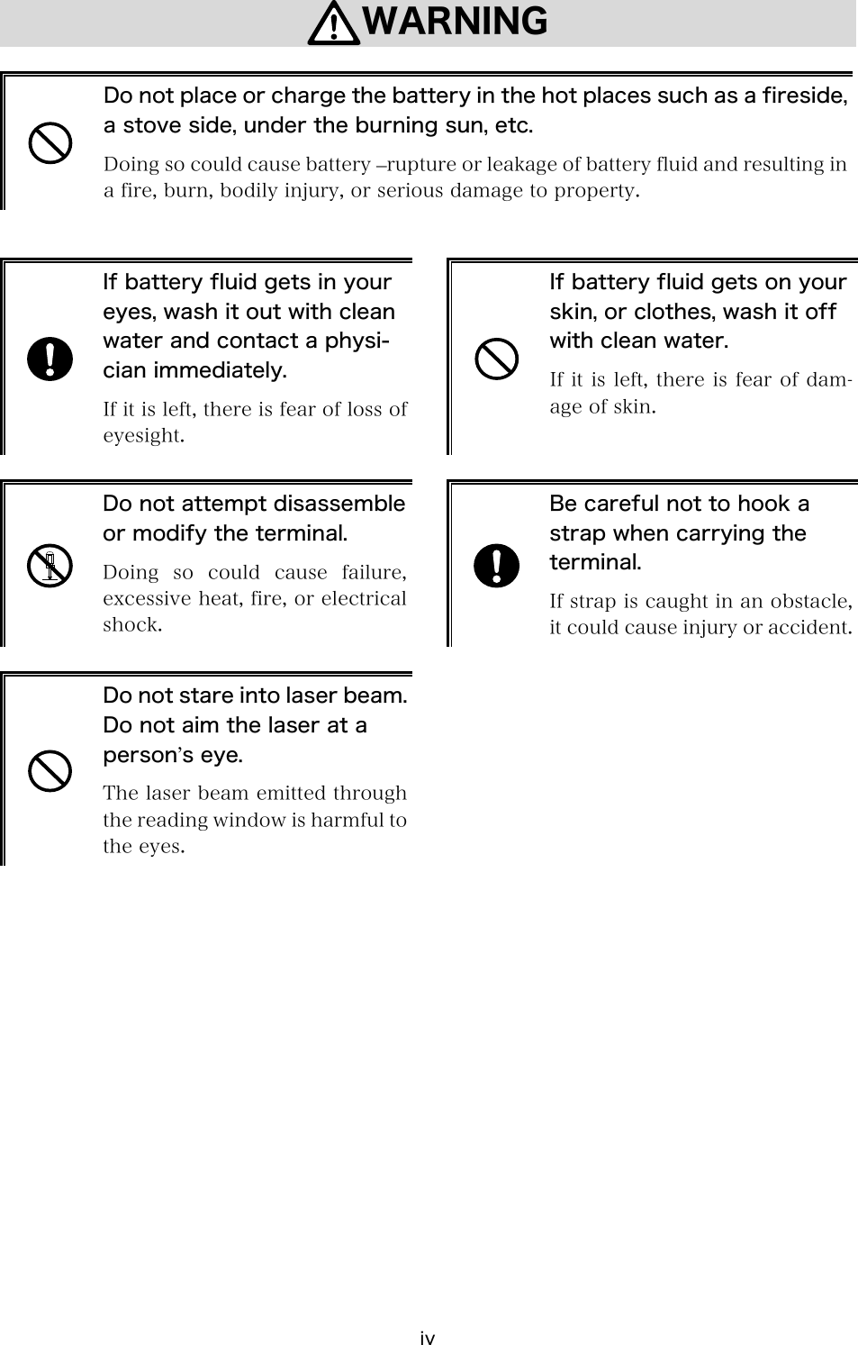 iv WARNING   Do not place or charge the battery in the hot places such as a fireside, a stove side, under the burning sun, etc. Doing so could cause battery &ndash;rupture or leakage of battery fluid and resulting in a fire, burn, bodily injury, or serious damage to property.    If battery fluid gets in your eyes, wash it out with clean water and contact a physi-cian immediately. If it is left, there is fear of loss of eyesight.   If battery fluid gets on your skin, or clothes, wash it off with clean water. If it is left, there is fear of dam-age of skin.   Do not attempt disassemble or modify the terminal. Doing so could cause failure, excessive heat, fire, or electrical shock.   Be careful not to hook a strap when carrying the terminal. If strap is caught in an obstacle, it could cause injury or accident.  Do not stare into laser beam.Do not aim the laser at a person&rsquo;s eye. The laser beam emitted through the reading window is harmful to the eyes.   